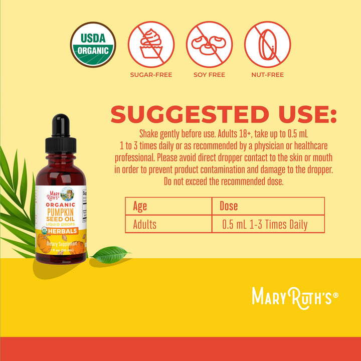 MaryRuth Organics pumpkin seed oil bottle label close-up emphasizing organic ingredients