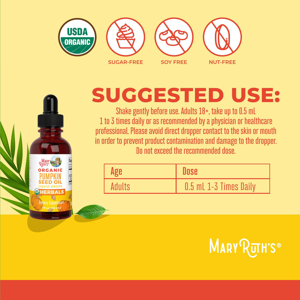 MaryRuth Organics pumpkin seed oil bottle label close-up emphasizing organic ingredients