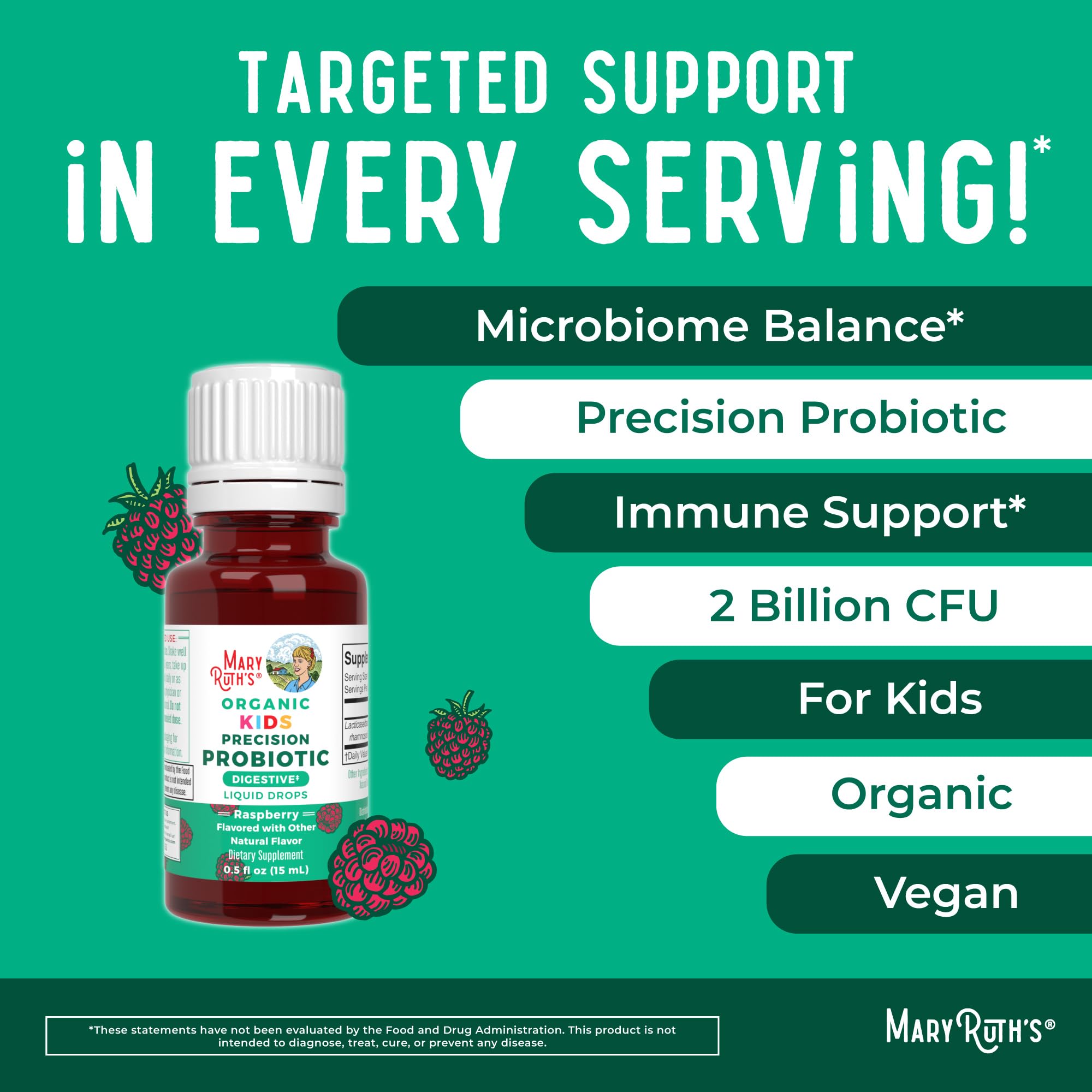 MaryRuth Organics Raspberry flavor drops close-up for kid-friendly digestion.