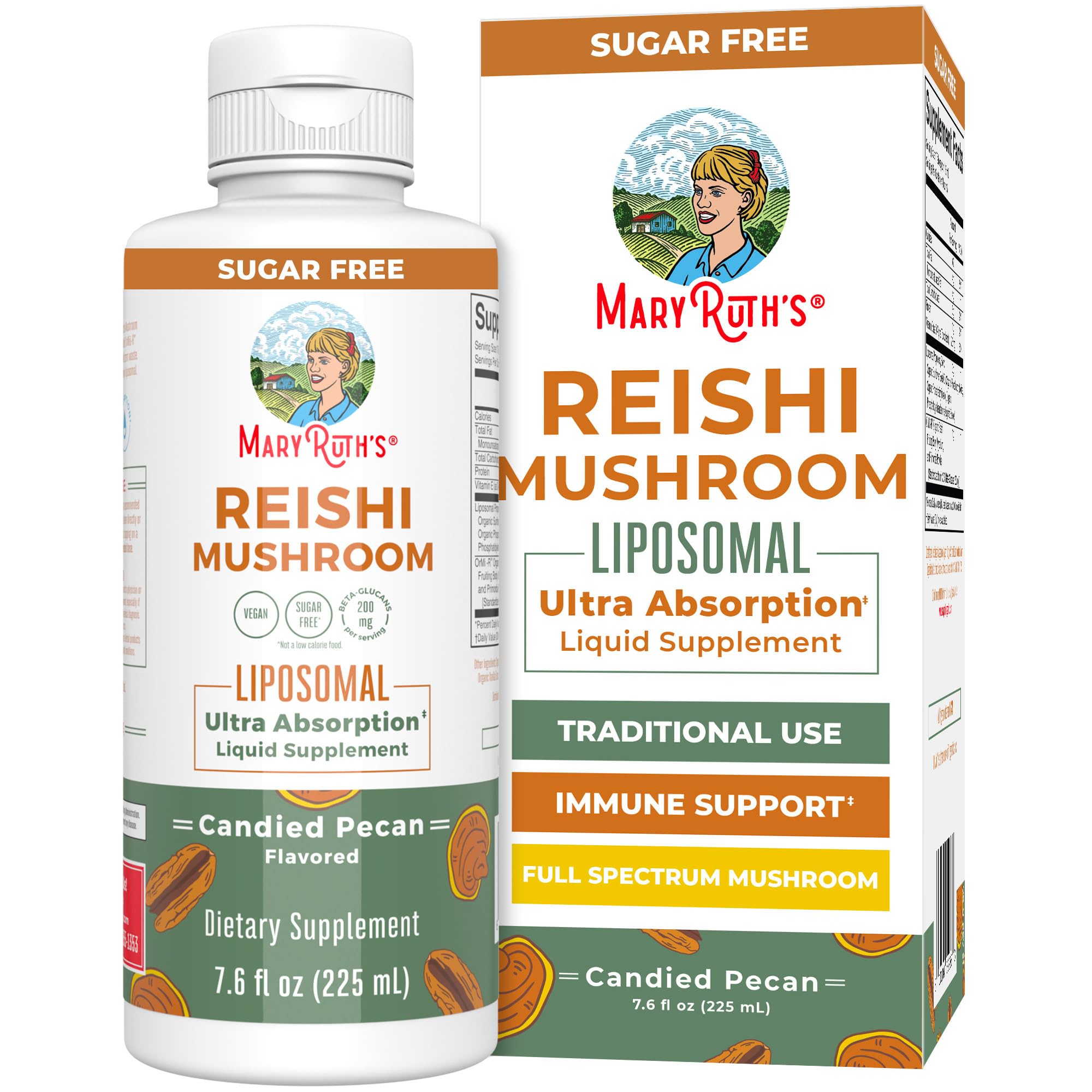 MaryRuth Organics Reishi bottle front highlighting vegan, full-spectrum formula for daily wellness.