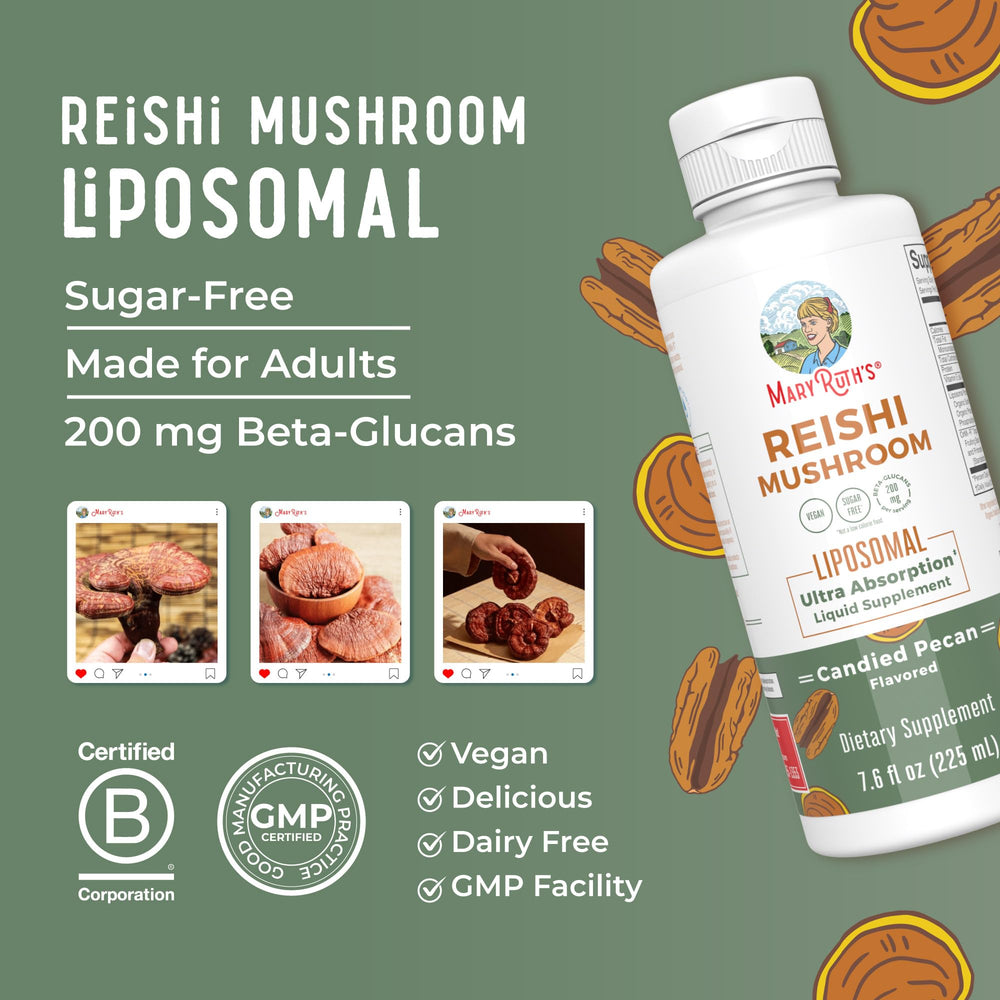 MaryRuth Organics Reishi immune-support scene includes mug and drizzle of liquid.