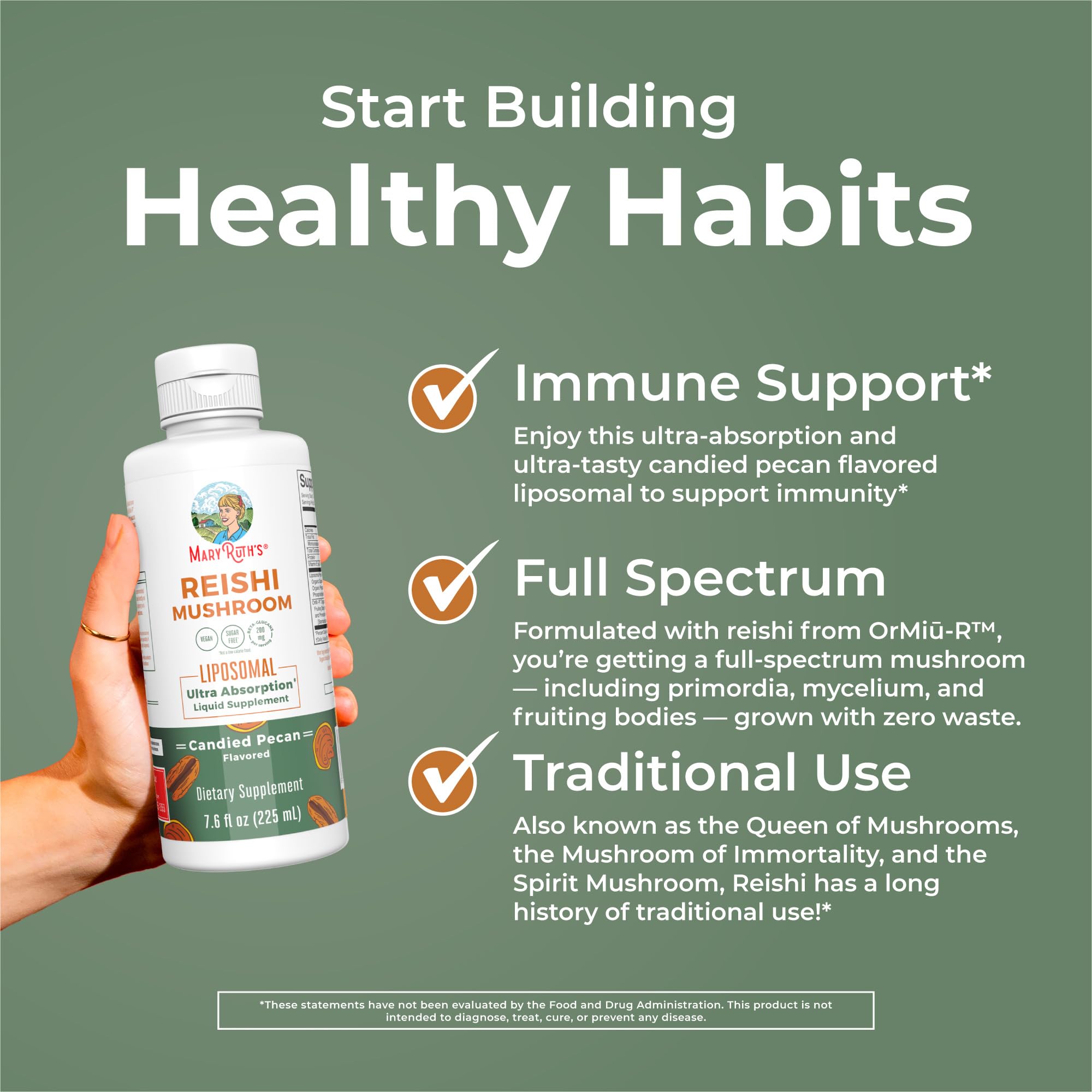 MaryRuth Organics Reishi ingredient-spectrum shows primordia, mycelium, and fruiting body.