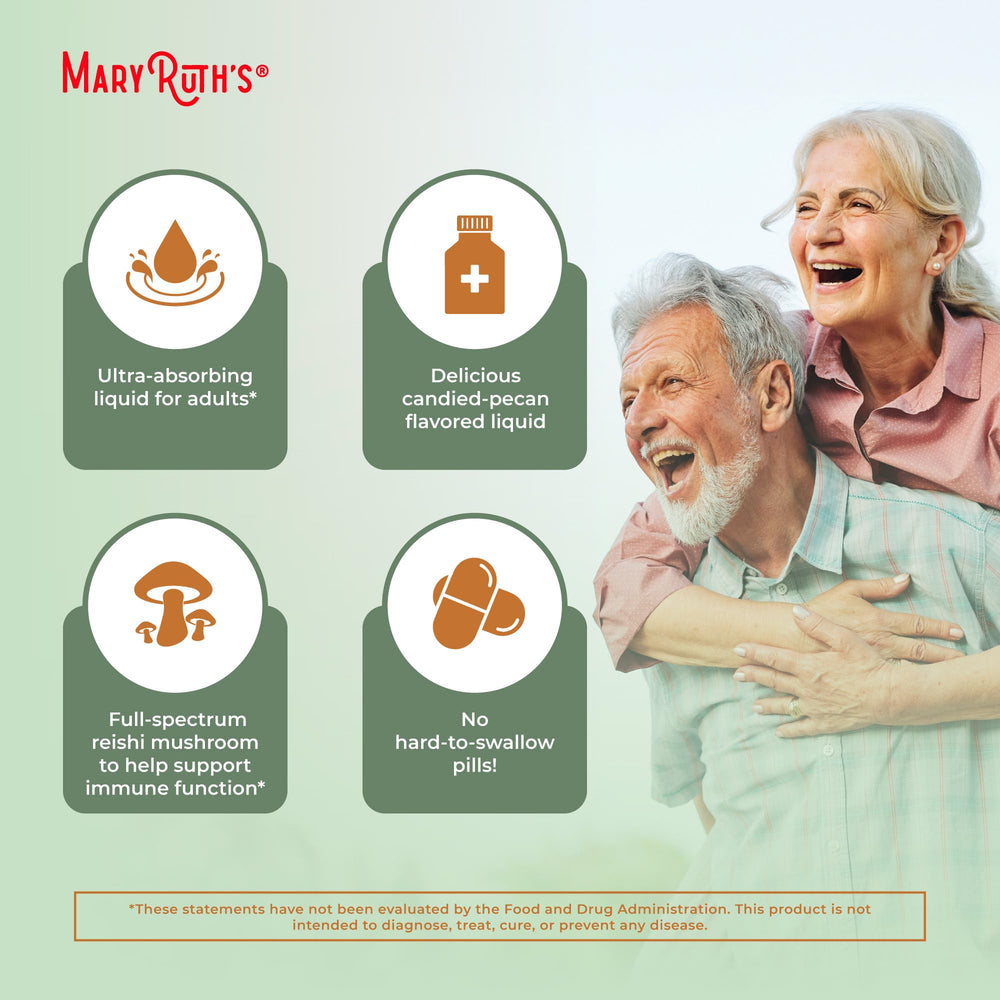 MaryRuth Organics Reishi instruction-bottle demonstrates simple daily-use guidance.