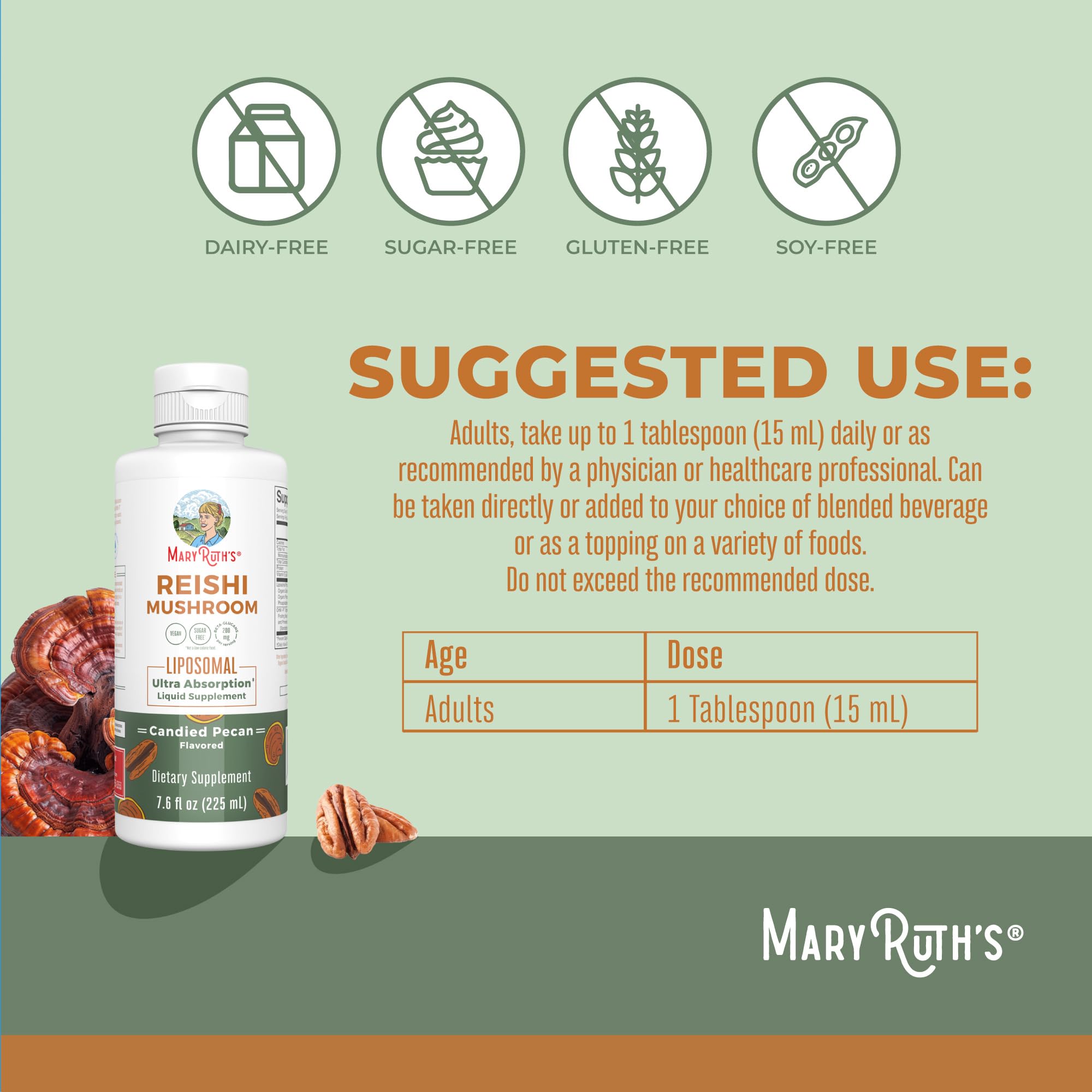 MaryRuth Organics Reishi pecan flavor bottle emphasizes tasty way to take supplements.