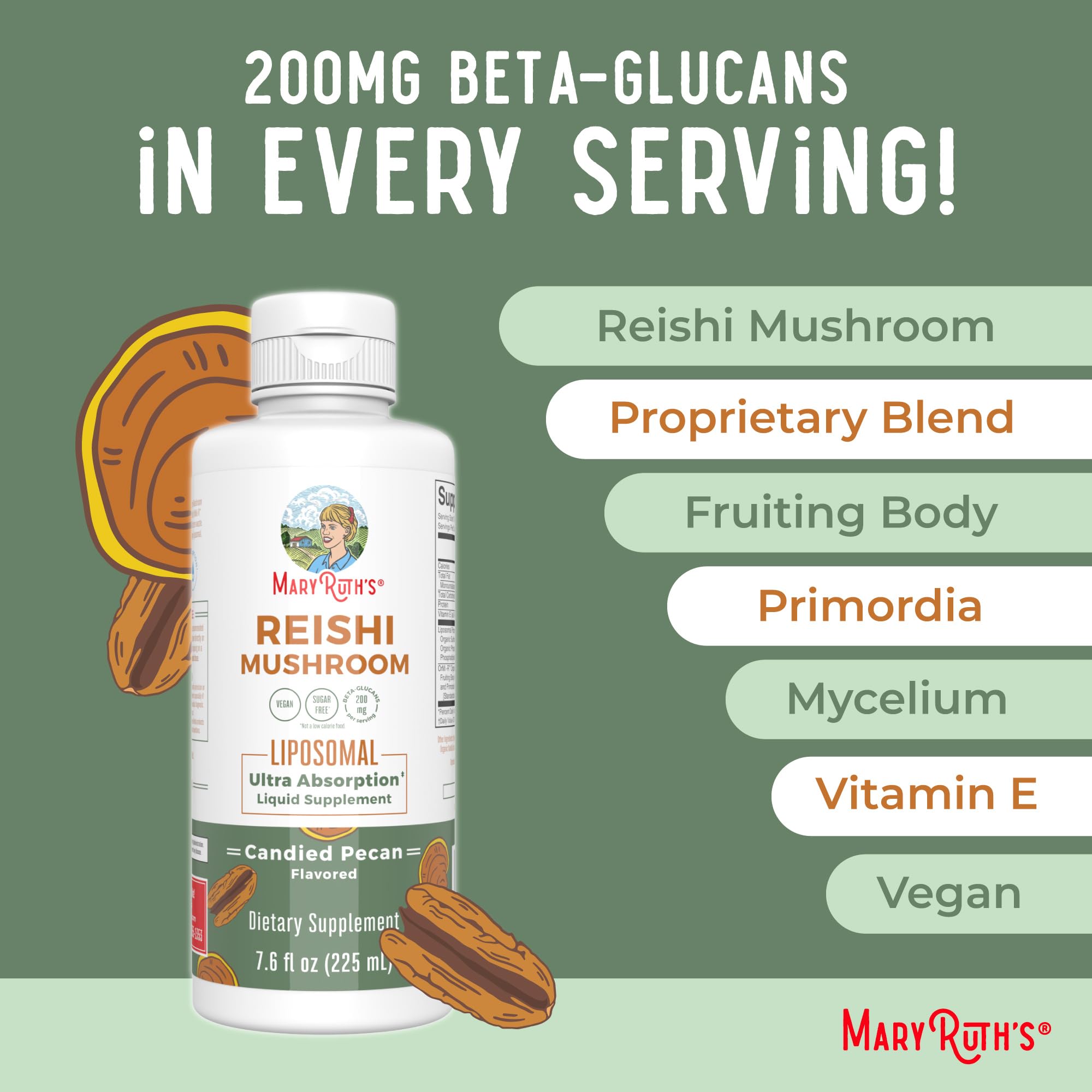 MaryRuth Organics Reishi vegan-label highlights dairy-free and gluten-free attributes.