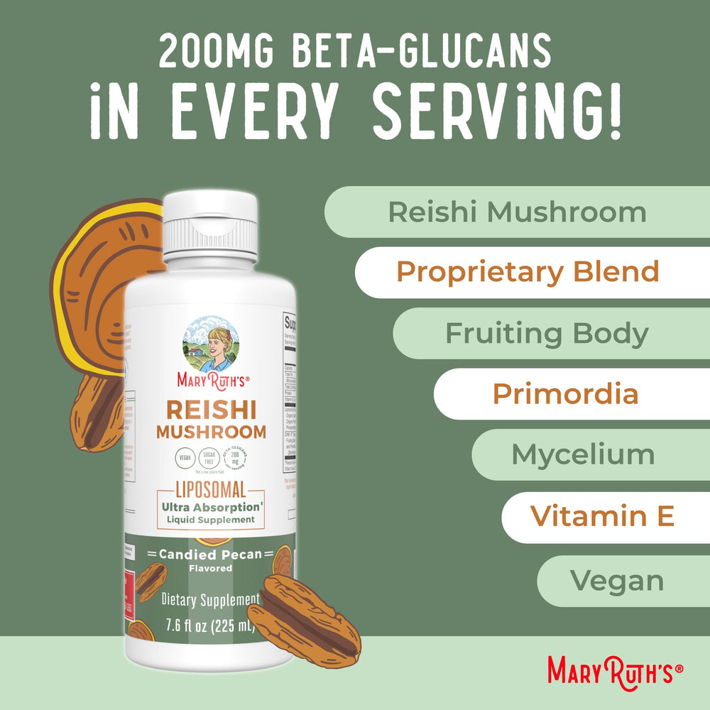 MaryRuth Organics Reishi vegan-label highlights dairy-free and gluten-free attributes.