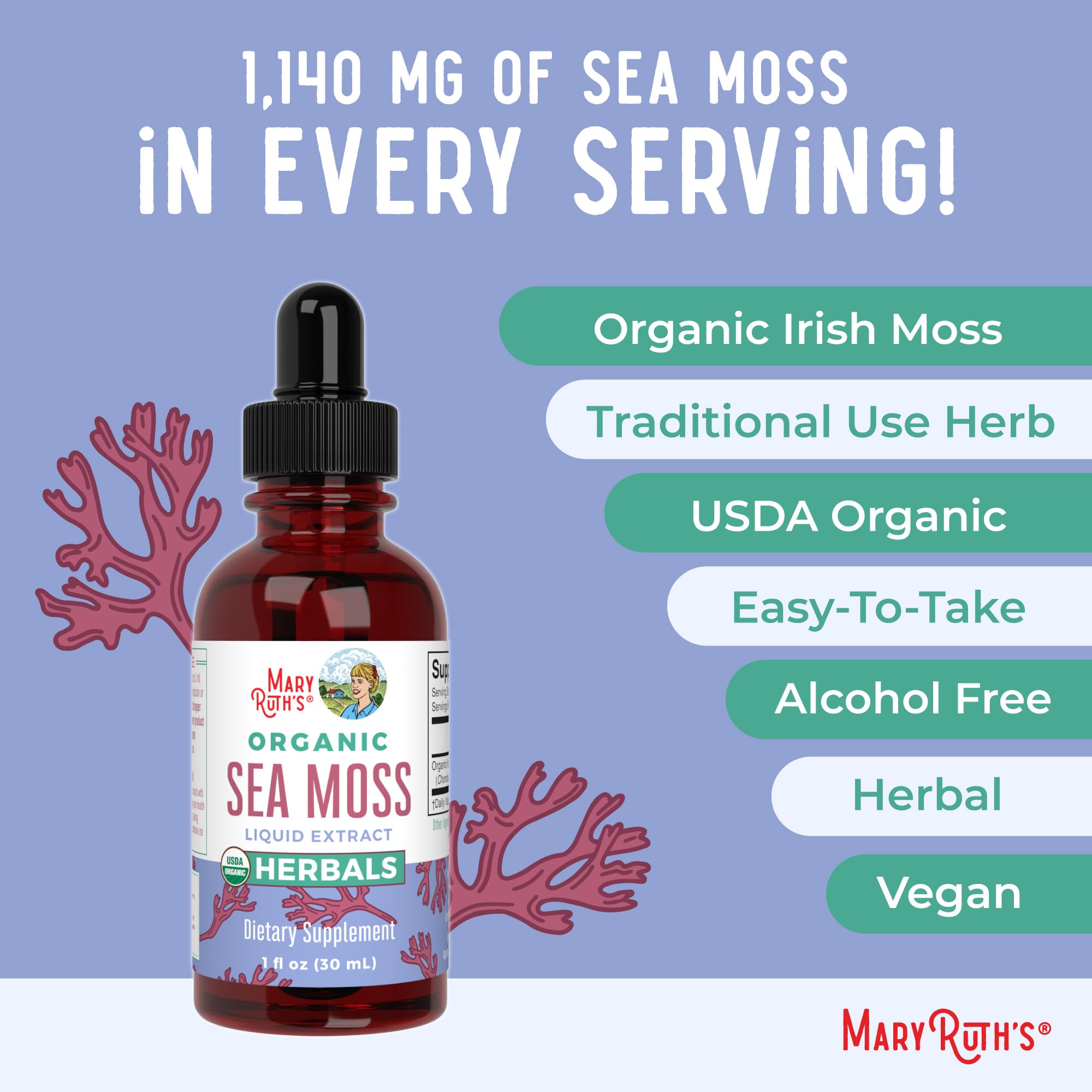 MaryRuth Organics sea moss drops bottle close-up emphasizes compact design.