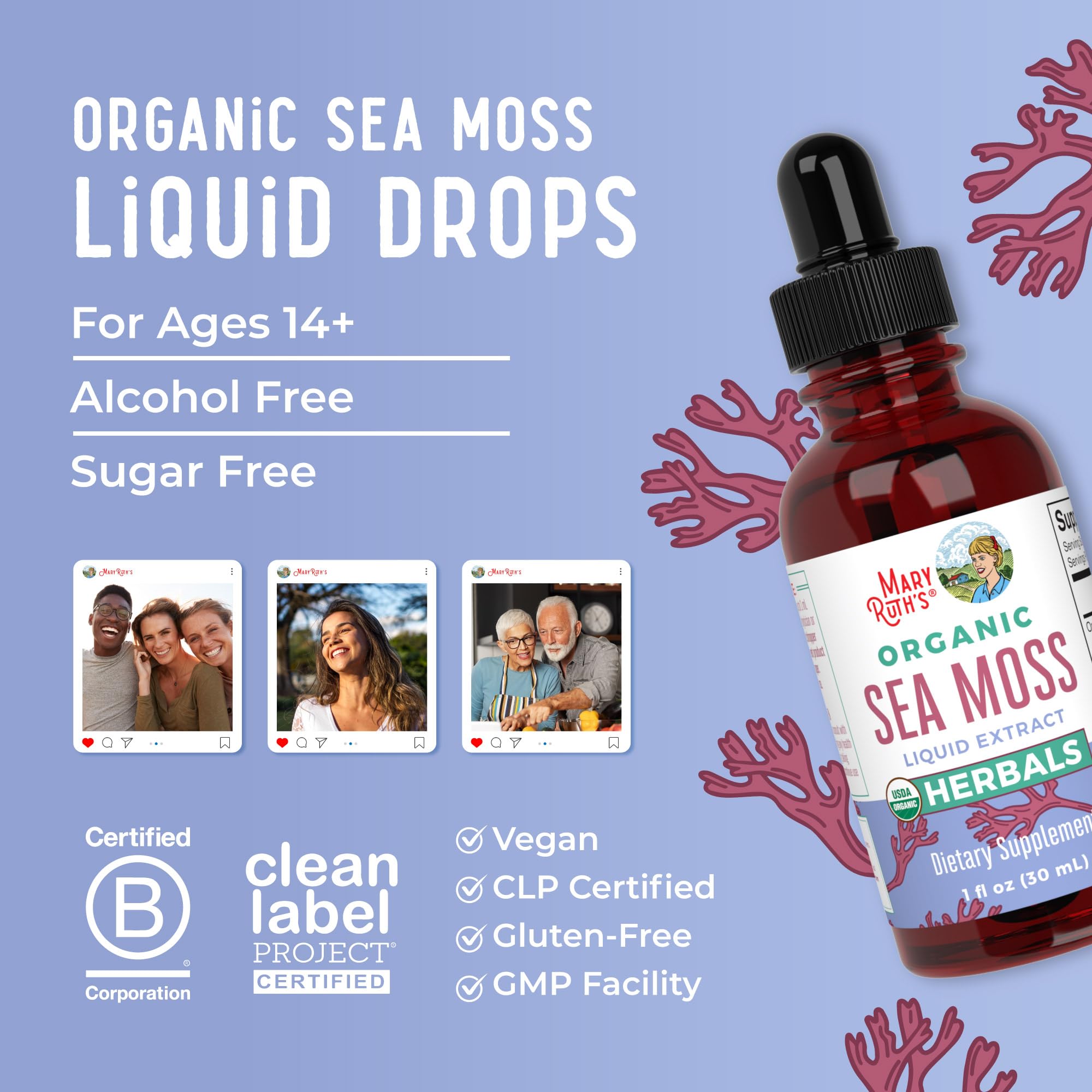 MaryRuth Organics sea moss drops dosage information appears on the package.