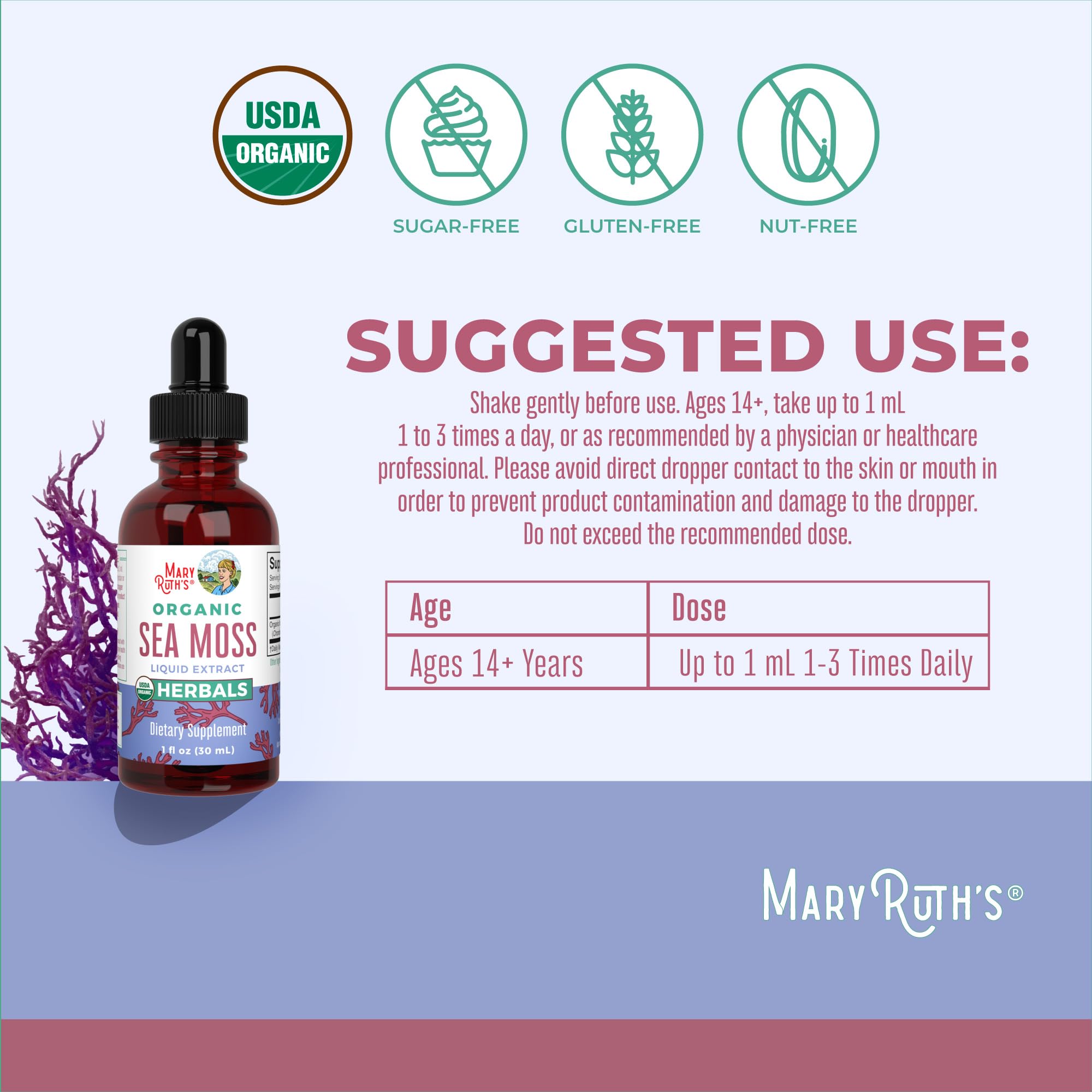 MaryRuth Organics sea moss drops show USDA Organic and vegan labeling.