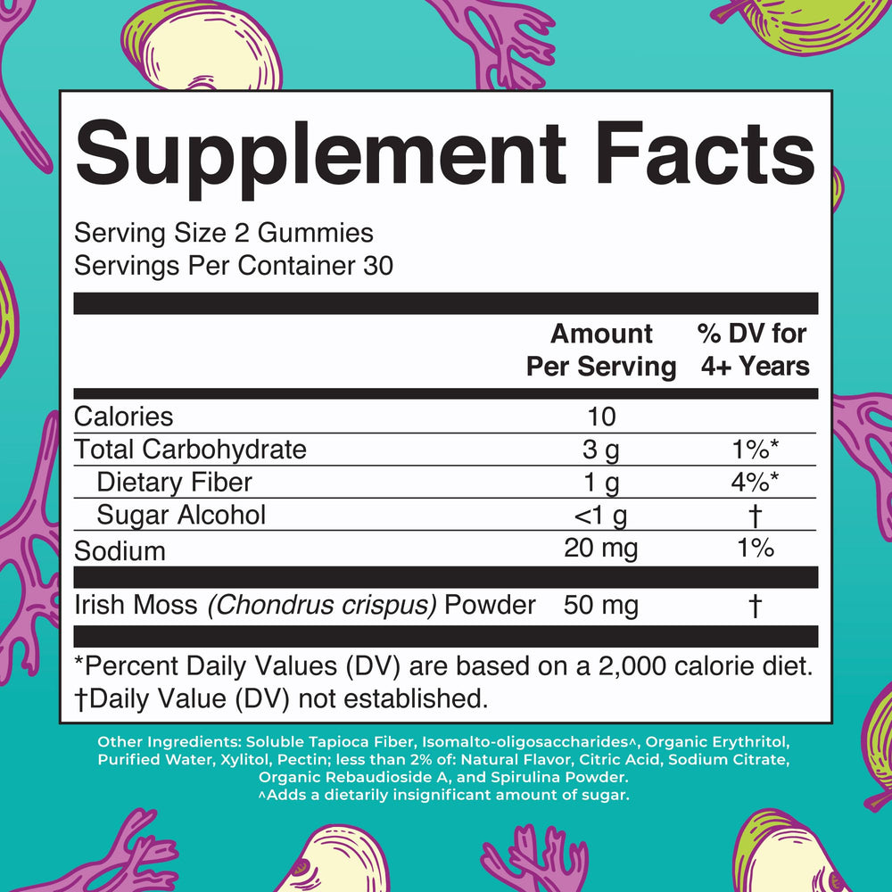 Label highlights 50 mg Irish Sea Moss per two gummies