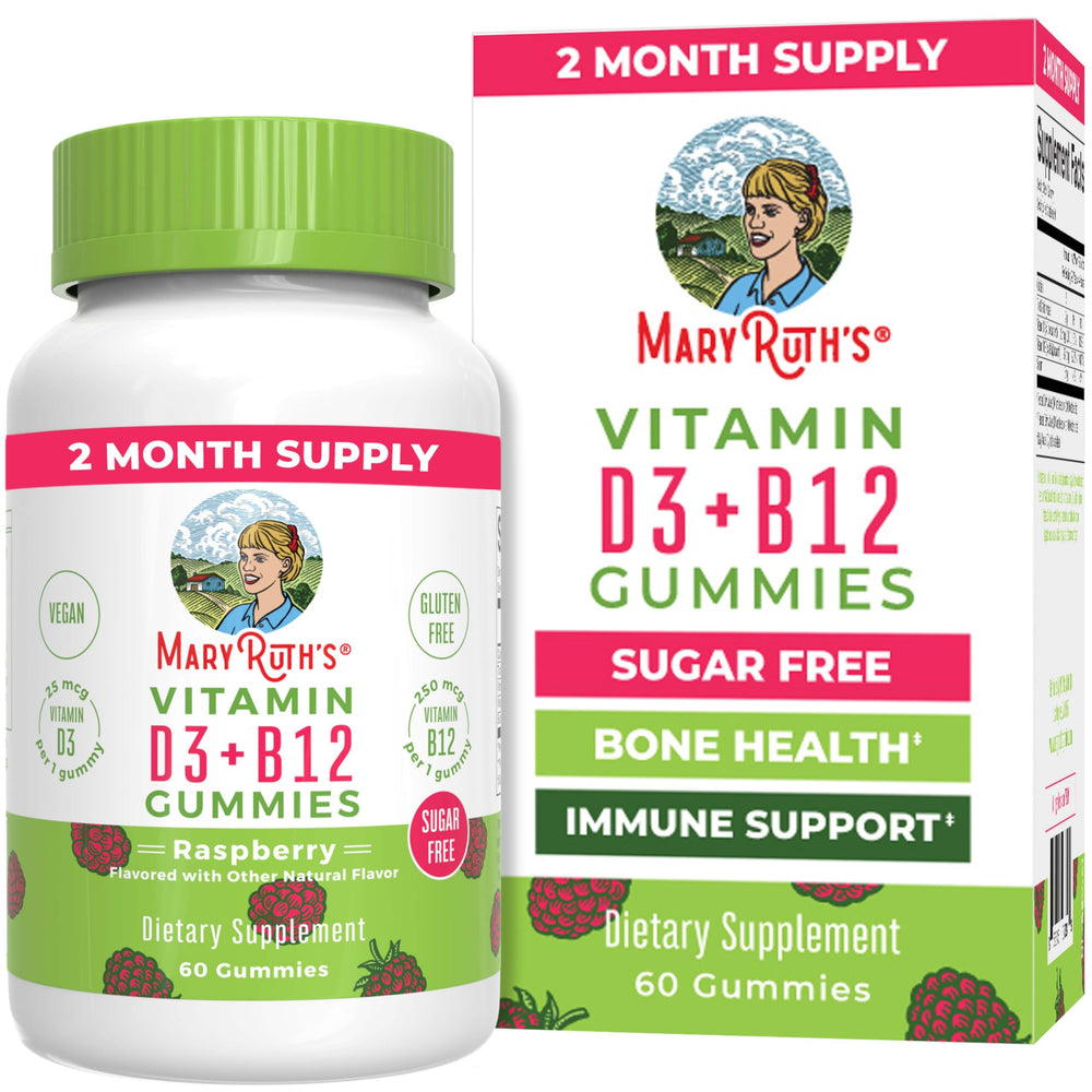 MaryRuth Organics sugar-free D3 + B12 bottle supports daily immune health and bone wellness.