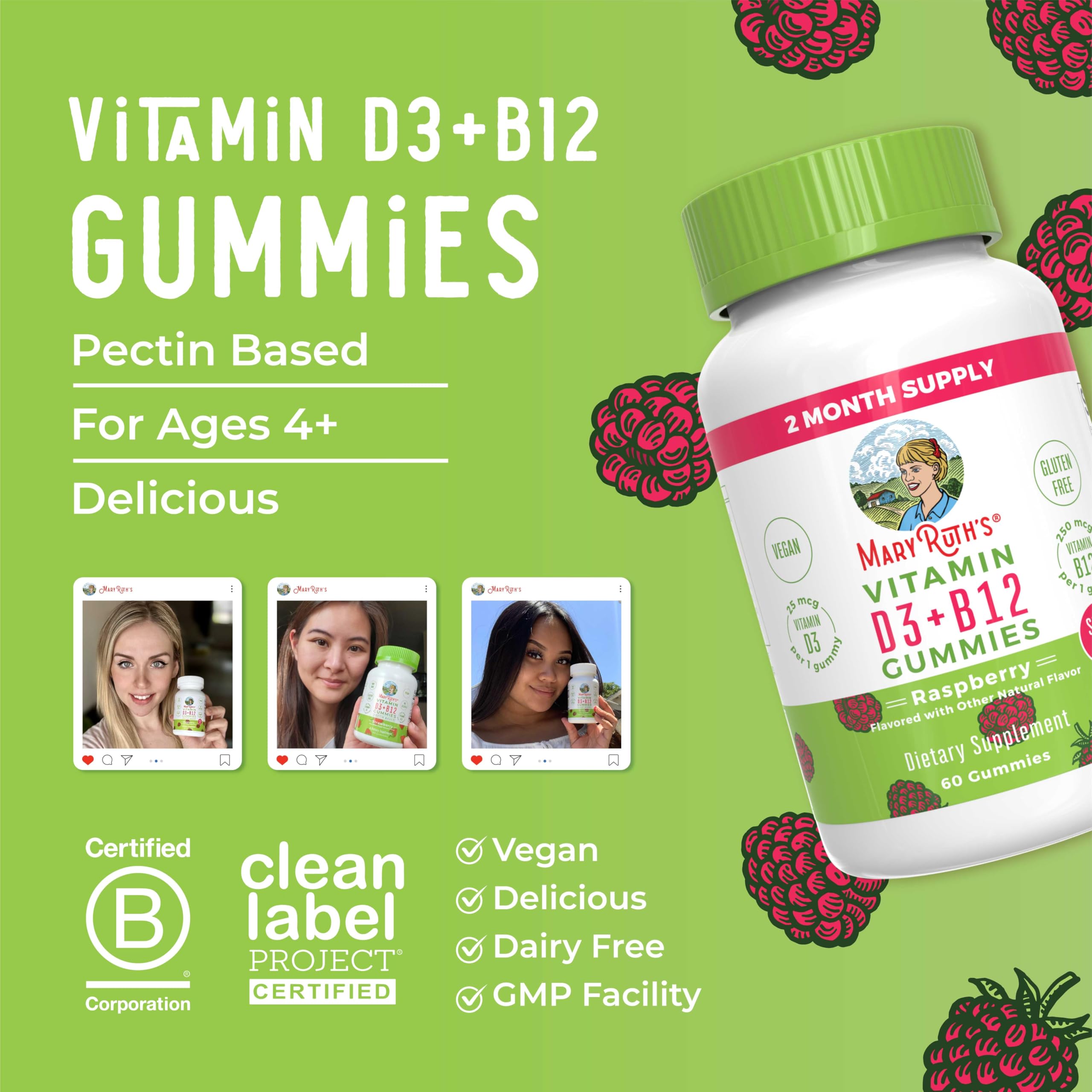 Nutrition panel of MaryRuth Organics D3 + B12 gummies with coconut content.