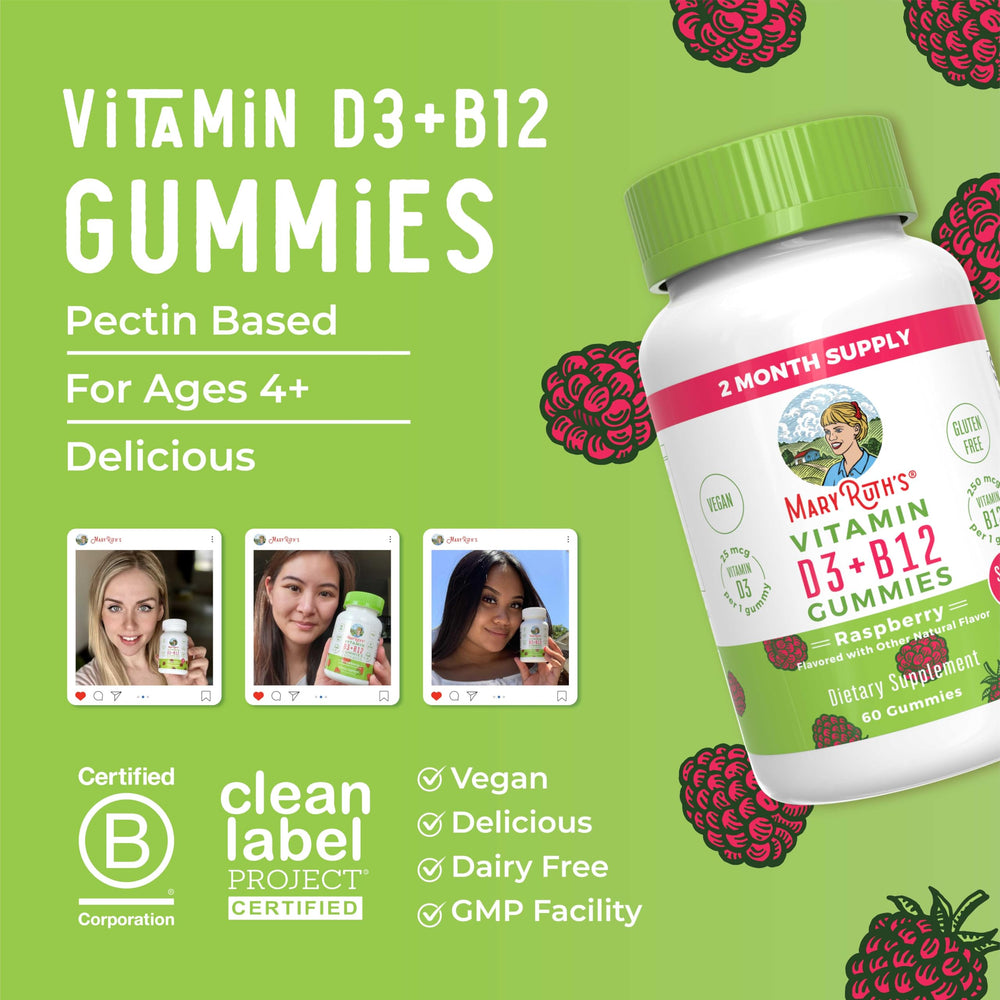 Nutrition panel of MaryRuth Organics D3 + B12 gummies with coconut content.