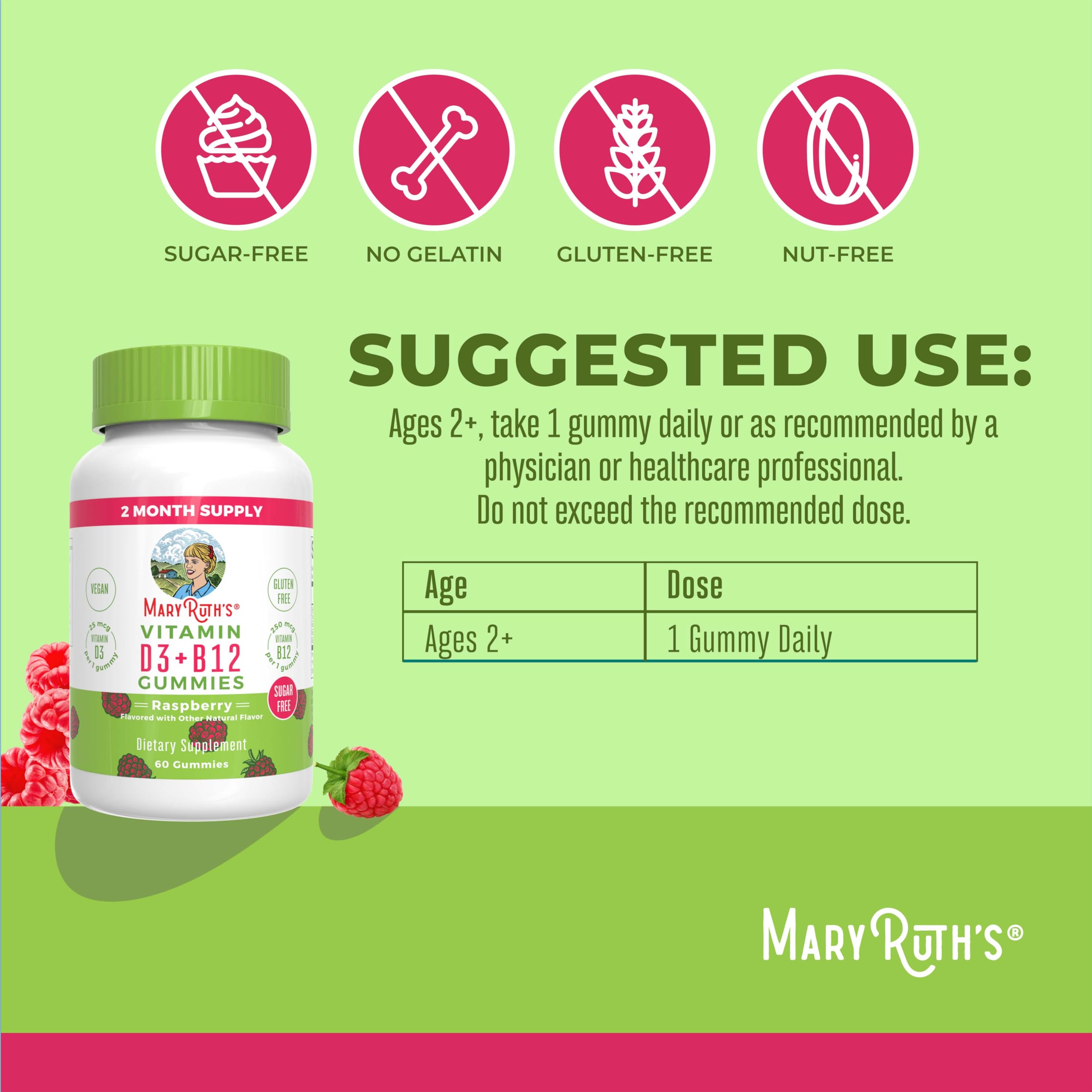 Raspberry-flavored MaryRuth Organics gummy bottle shows vegan, non-GMO formula.
