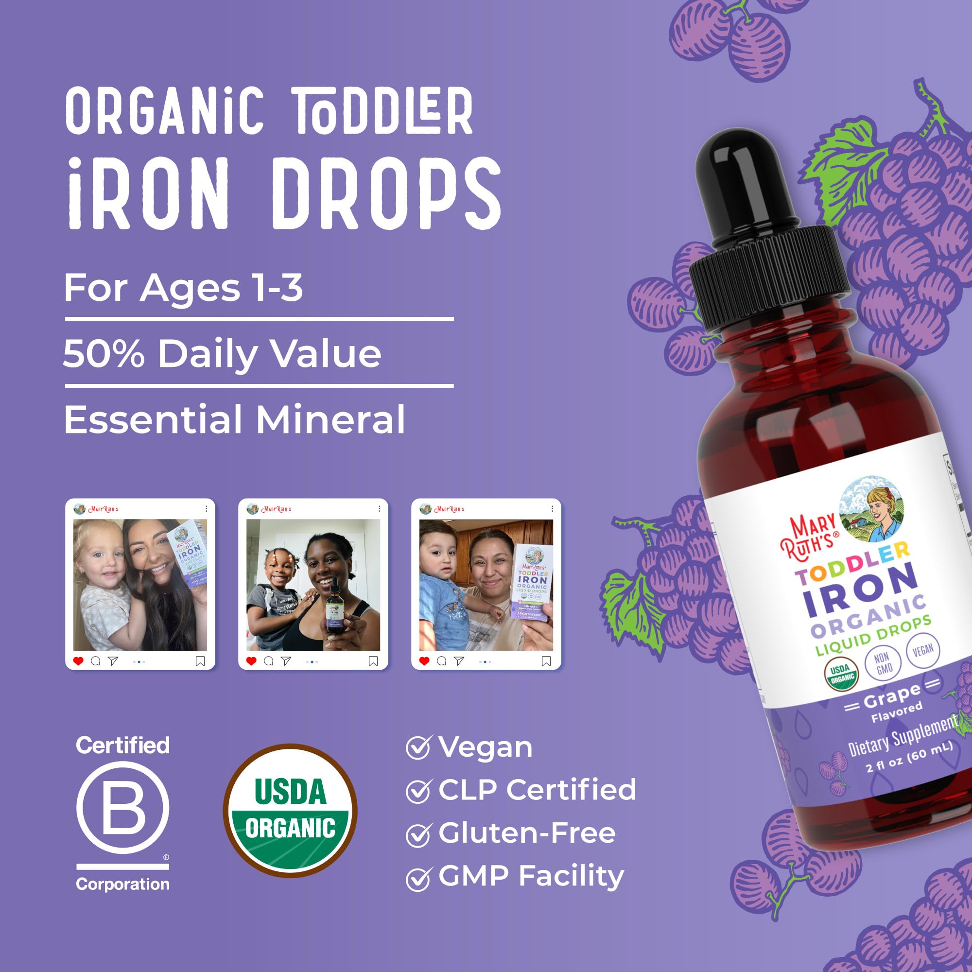 MaryRuth Organics sugar-free iron drops suitable for sensitive tummies.