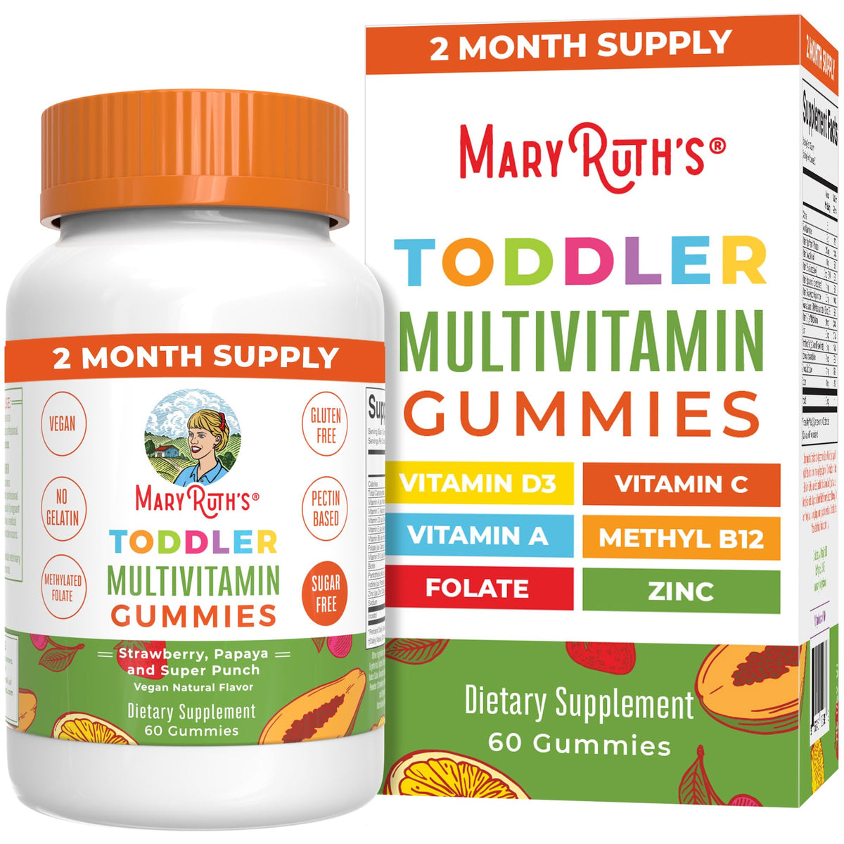 MaryRuth Organics sugar-free kids gummies bottle front, convenient daily multivitamin for toddlers