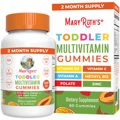 MaryRuth Organics sugar-free kids gummies bottle front, convenient daily multivitamin for toddlers
