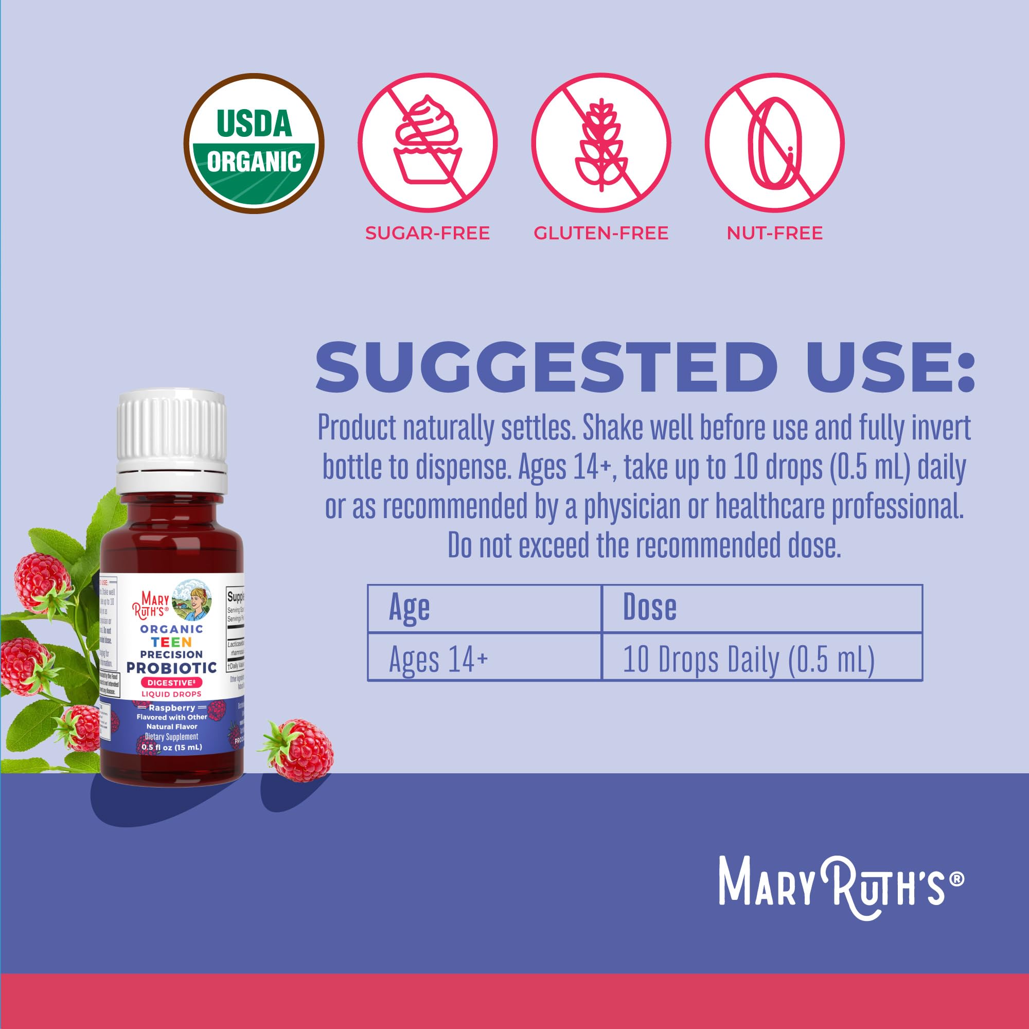 MaryRuth Organics raspberry-flavored probiotic drops for teen wellness