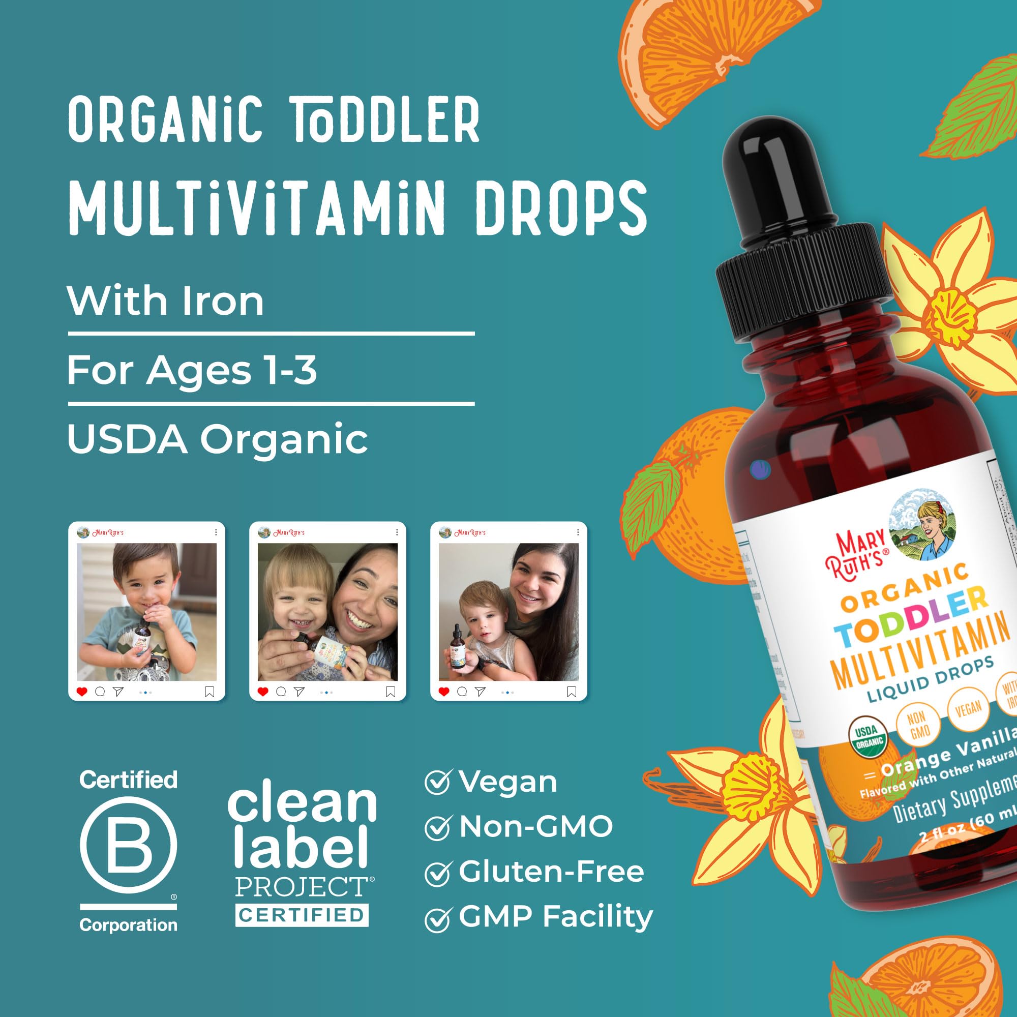 MaryRuth Organics toddler bottle close-up shows orange-vanilla flavor