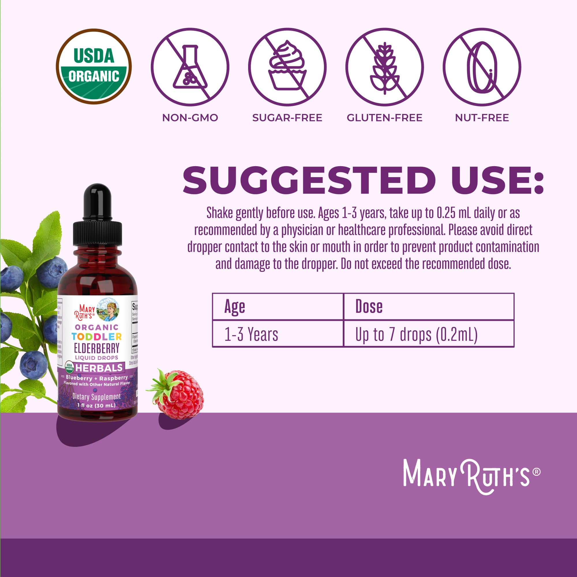 MaryRuth Organics elderberry syrup bottle pouring into a cup for kids