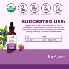 MaryRuth Organics elderberry syrup bottle pouring into a cup for kids