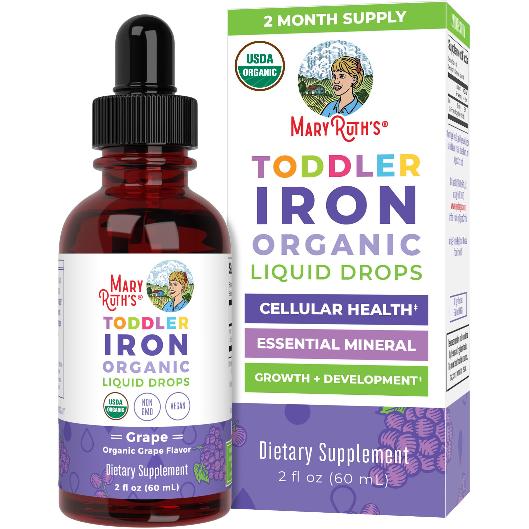 MaryRuth Organics Toddler Iron Drops bottle front showing grape flavor for daily iron support.