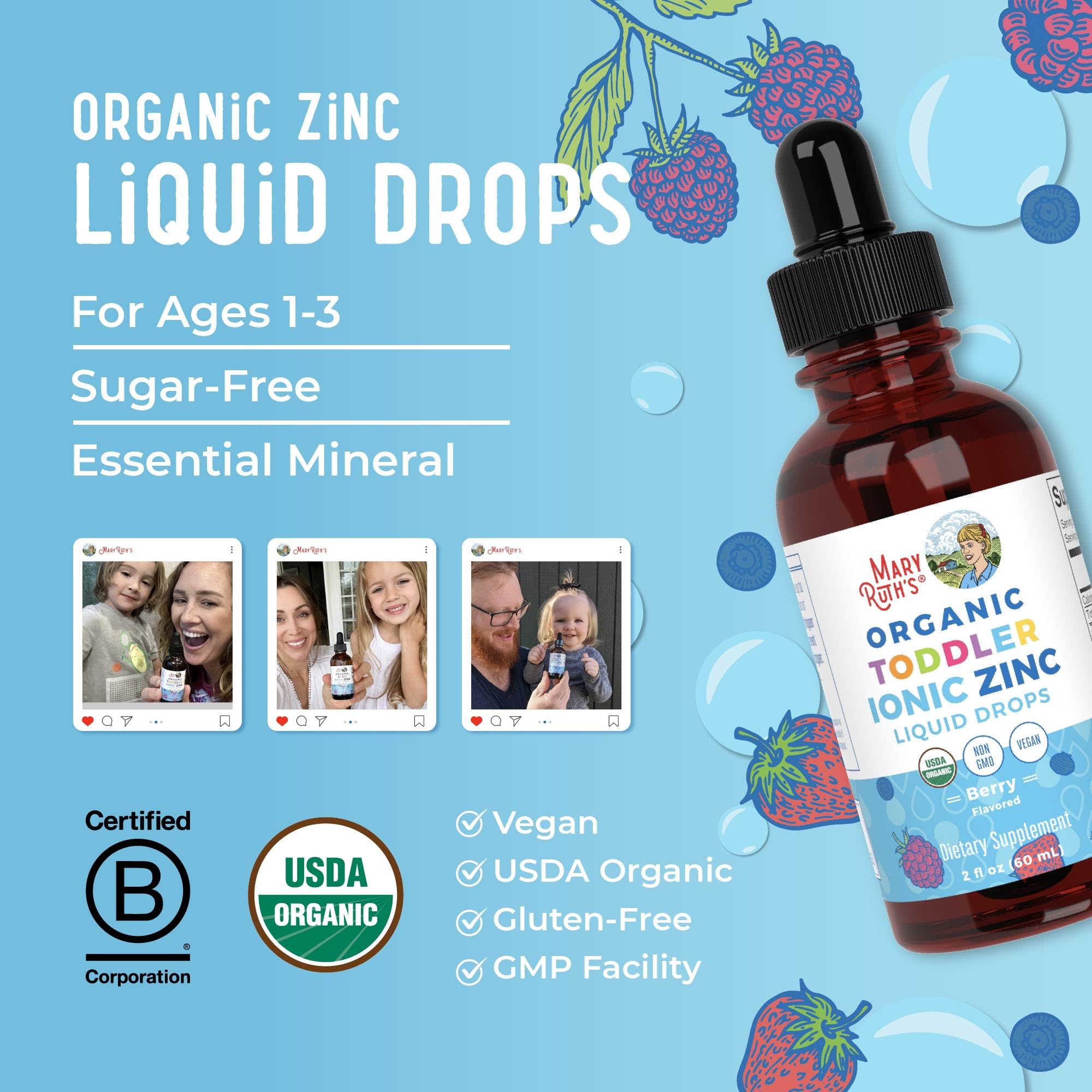 MaryRuth Organics Toddler Zinc Drops ingredient list featuring zinc sulfate