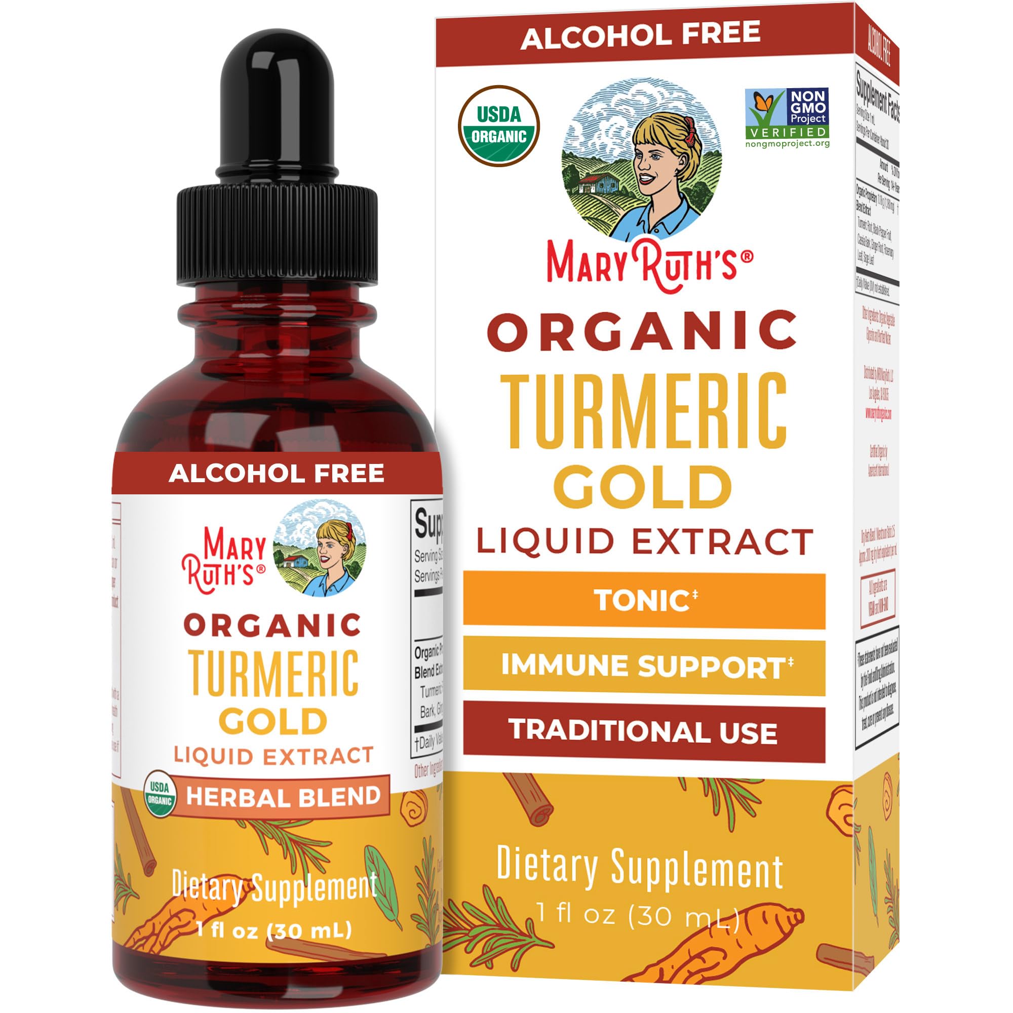 MaryRuth Organics Turmeric Gold bottle for daily immune-support dosing.