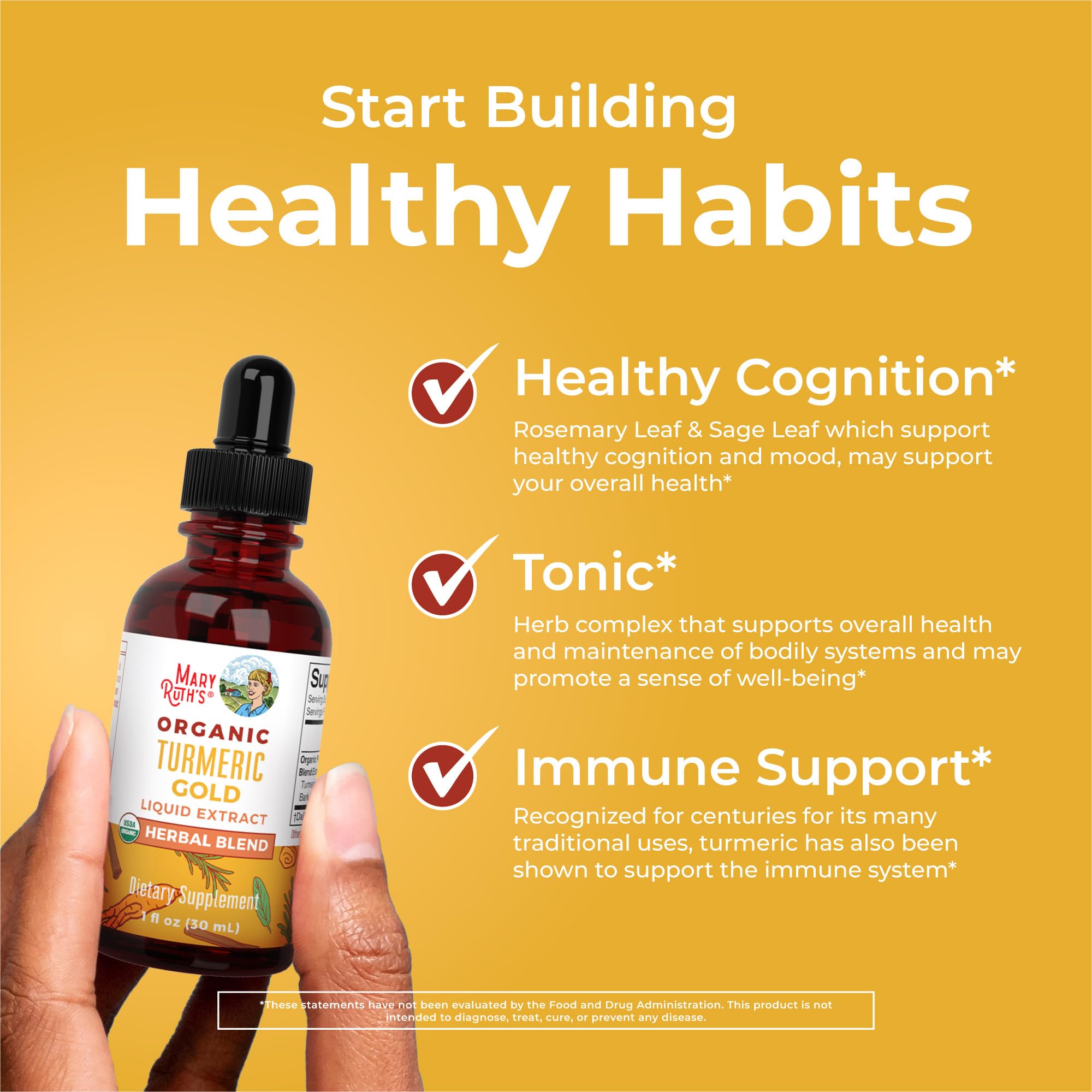 MaryRuth Organics Turmeric Gold dropper for easy, customizable dosing.