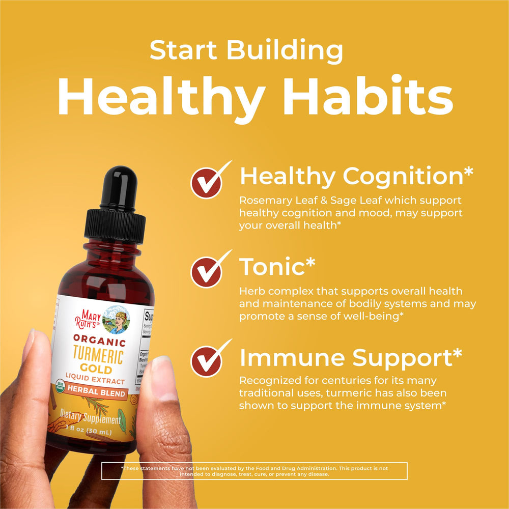 MaryRuth Organics Turmeric Gold dropper for easy, customizable dosing.