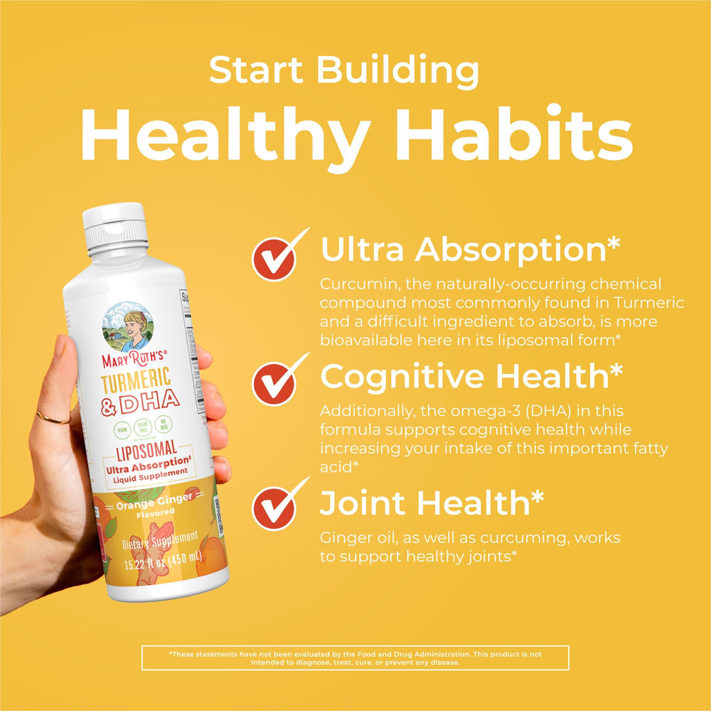 MaryRuth Organics Turmeric golden liquid showcases vibrant color and easy consumption