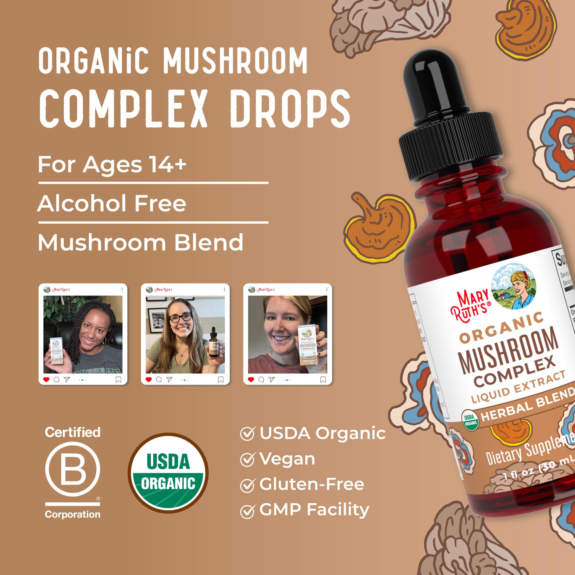 Allergen-free icons on MaryRuth Organics Mushroom Complex bottle