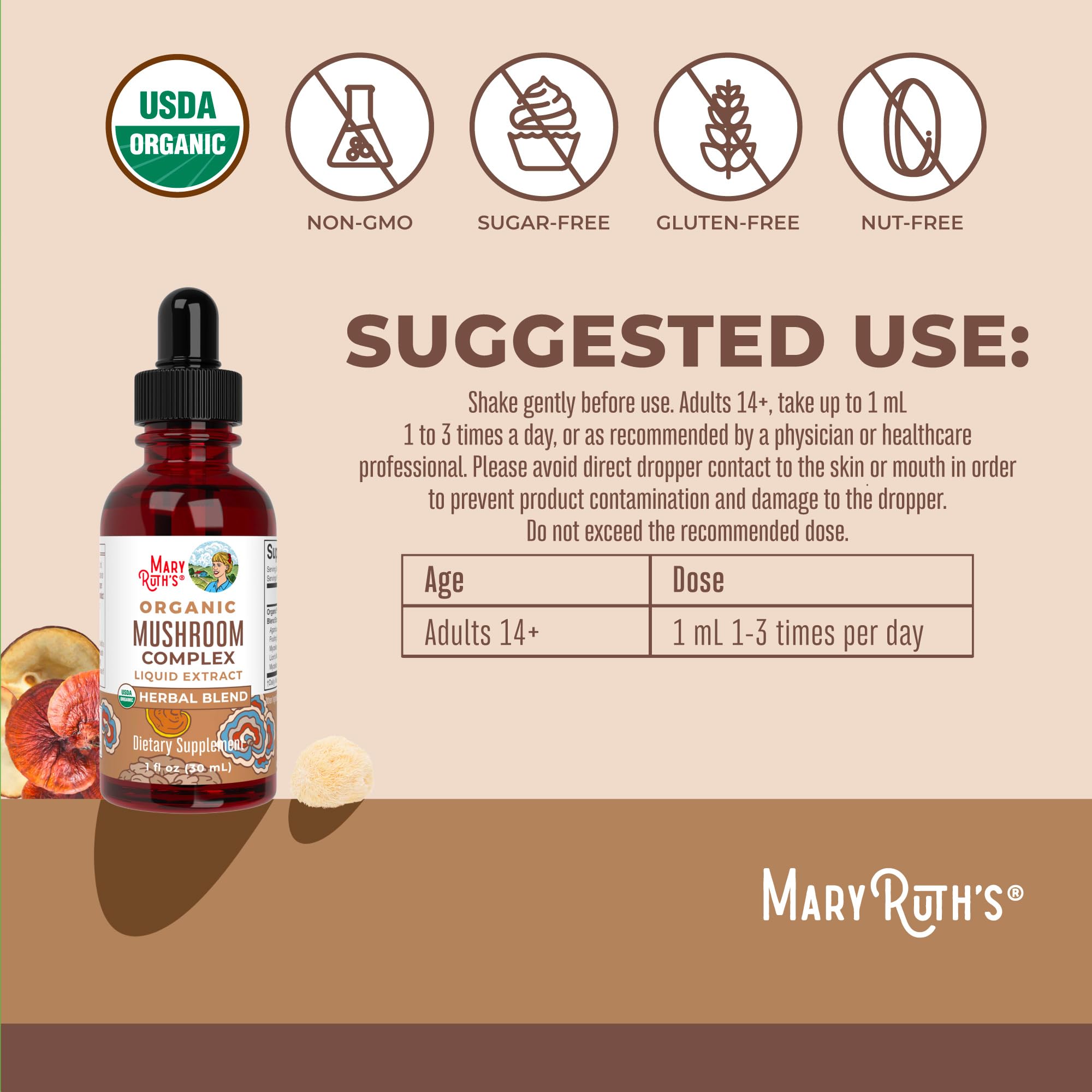 Closeup of MaryRuth Organics Mushroom Complex label showing organic vegan formula