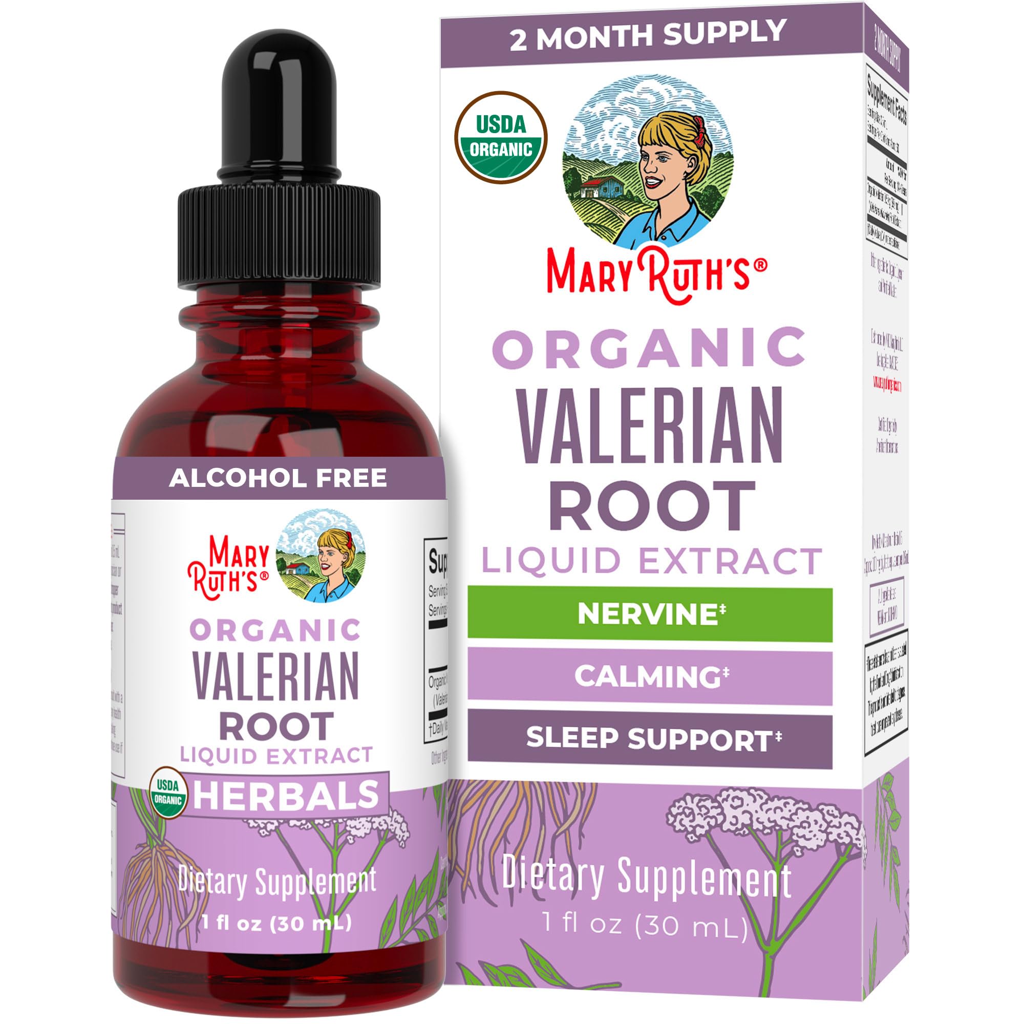 MaryRuth Organics Valerian Drops bottle with organic label for sleep-friendly use.
