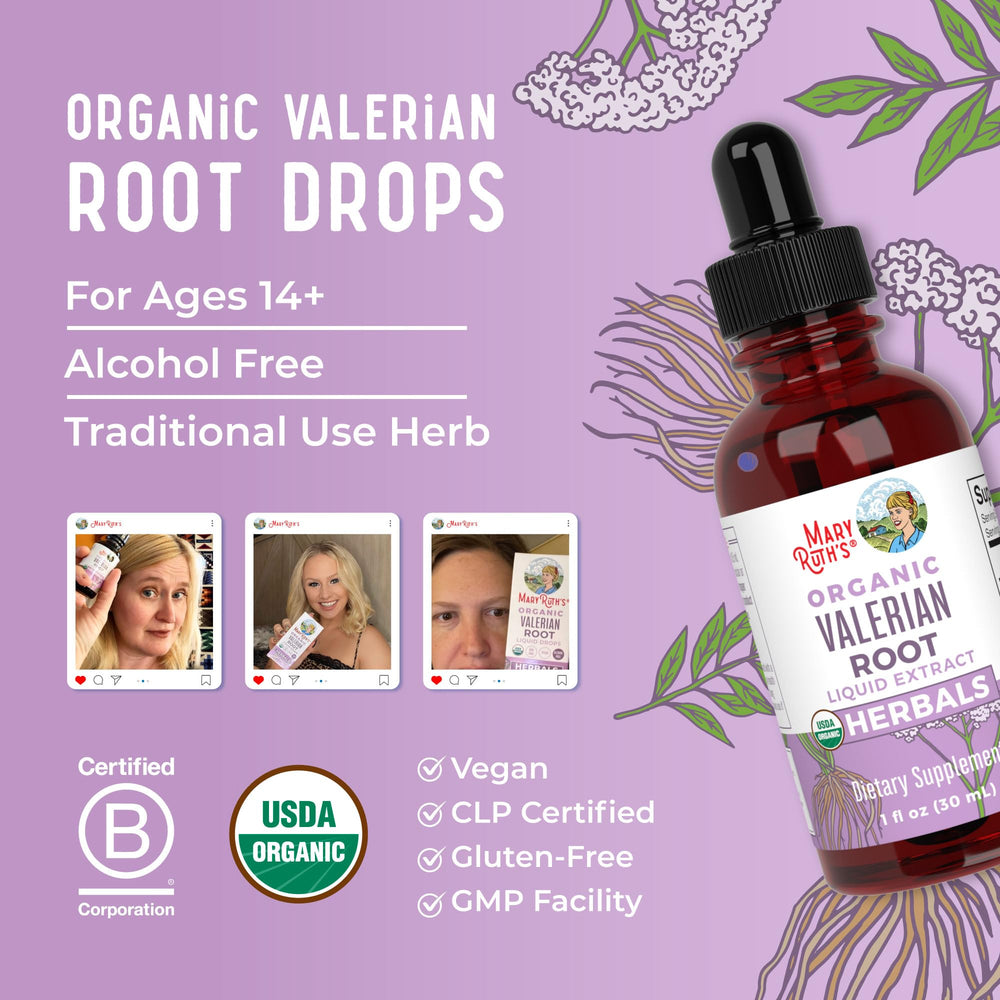 MaryRuth Organics Valerian Drops bottle on a nightstand ready for bedtime routine.