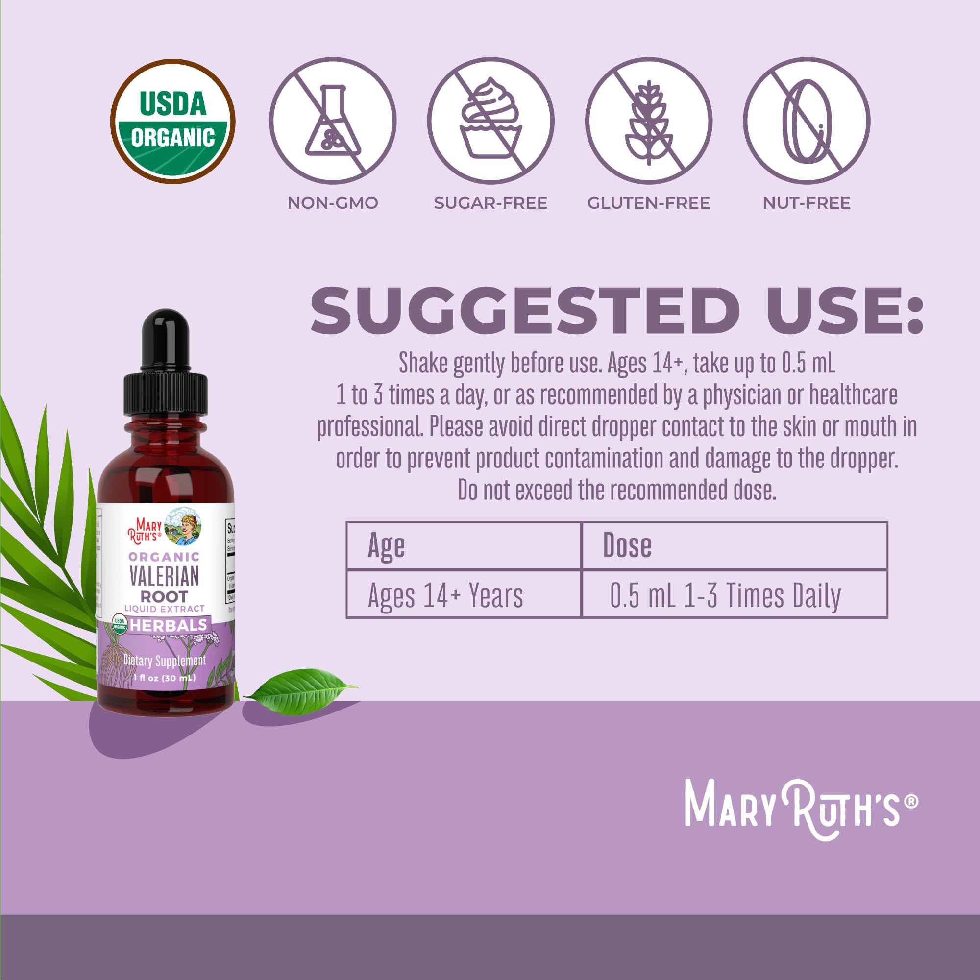 Serving size information shown on MaryRuth Organics Valerian Drops bottle.