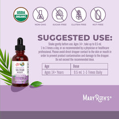 Serving size information shown on MaryRuth Organics Valerian Drops bottle.