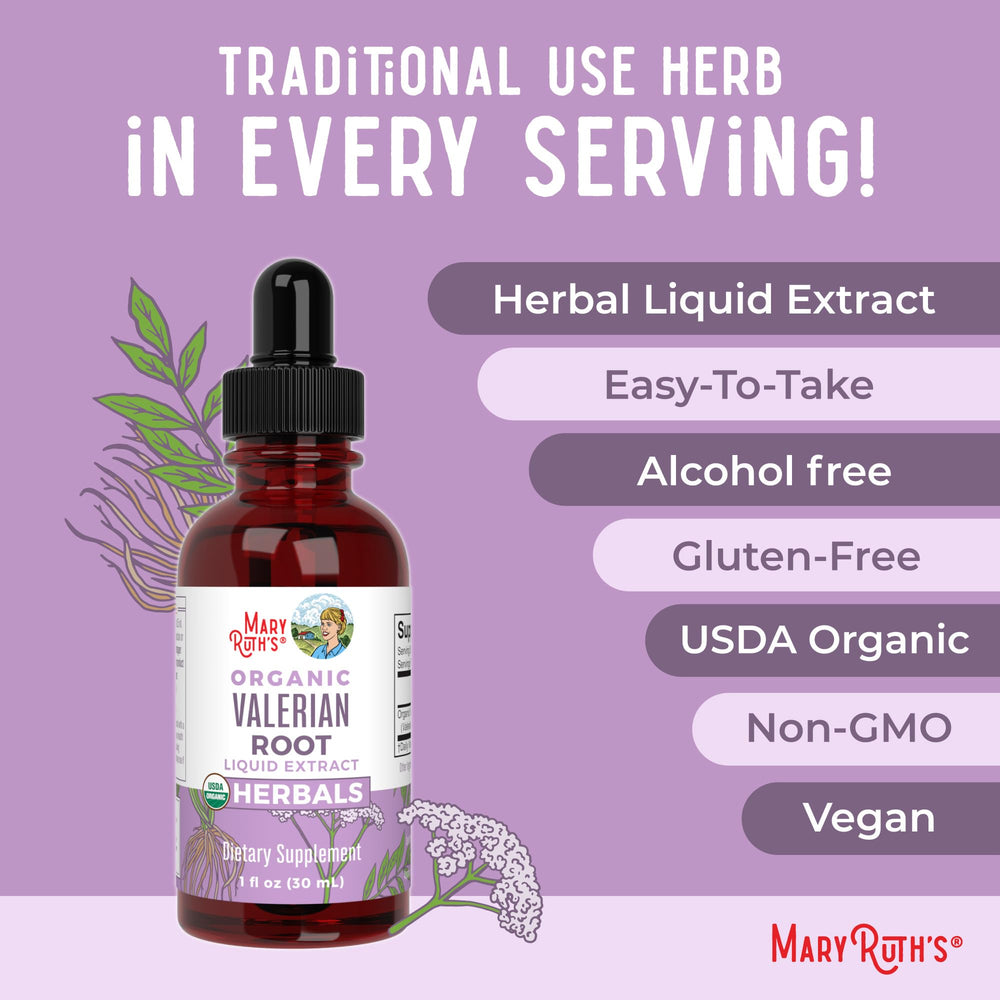 Vegan formula detail on MaryRuth Organics Valerian Drops packaging.