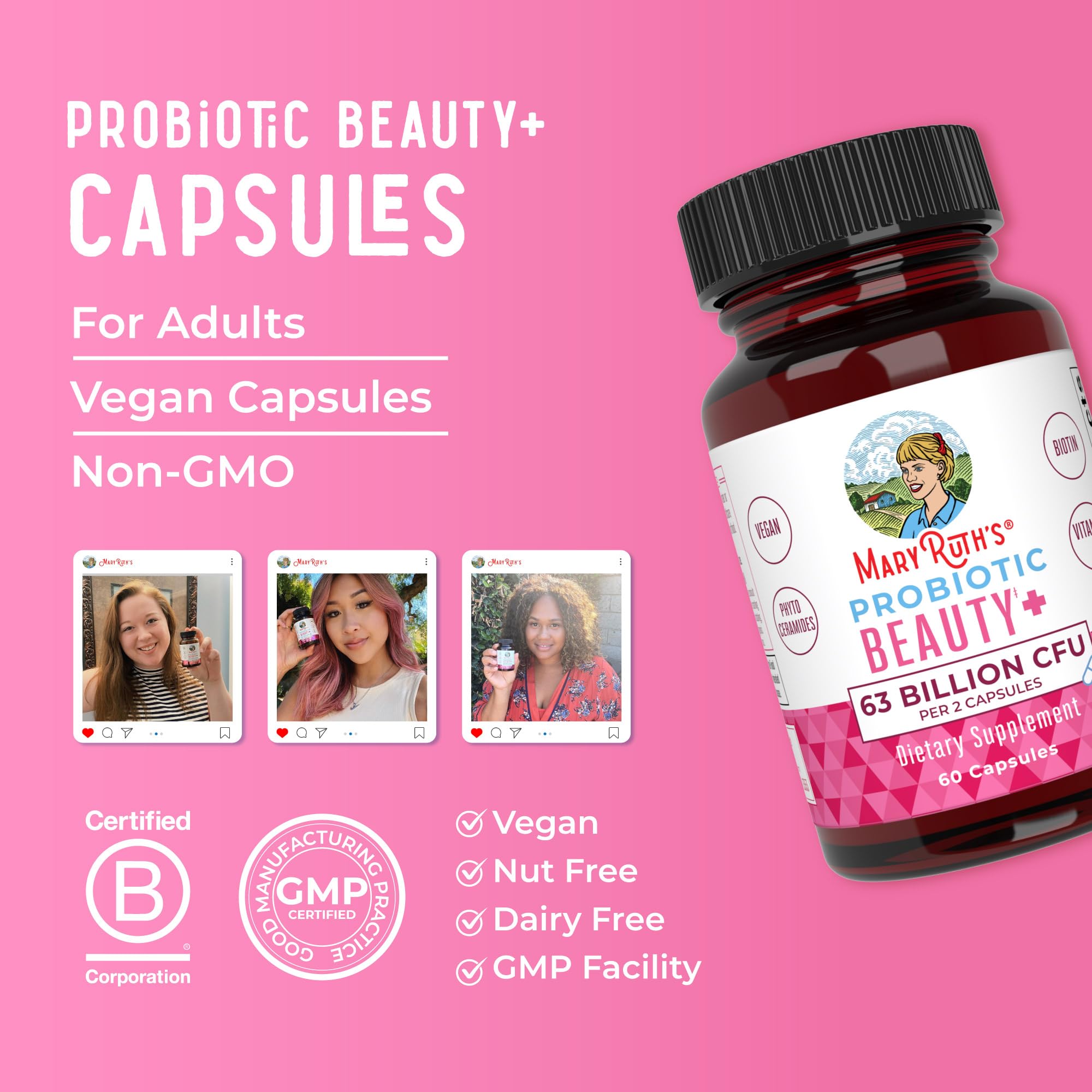 Packaging highlights vegan, GMP-made, and B Corp certified formulation
