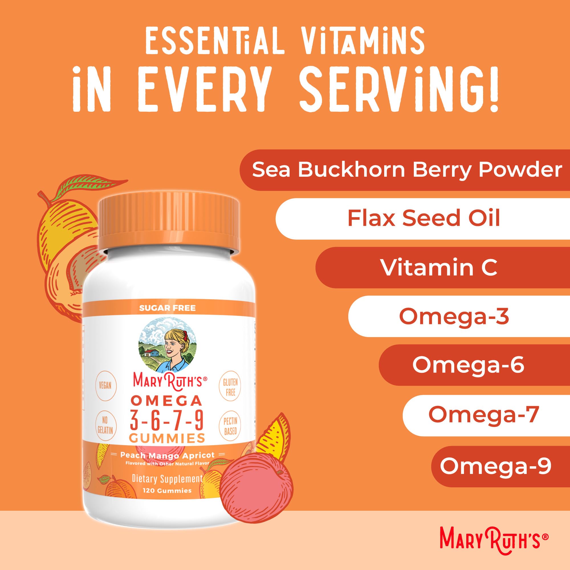 MaryRuth Organics dairy-free and gluten-free omega gummies label.