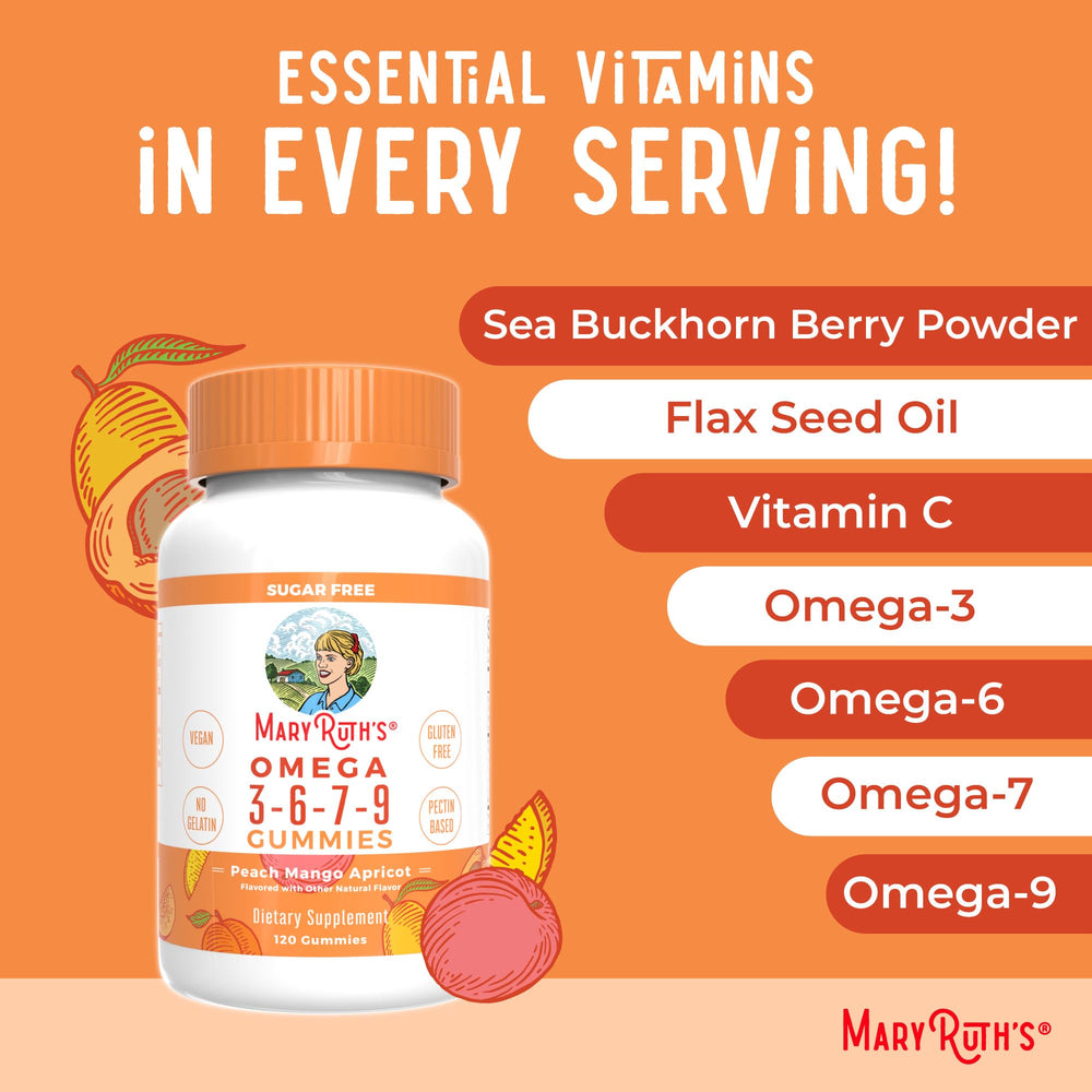 MaryRuth Organics dairy-free and gluten-free omega gummies label.