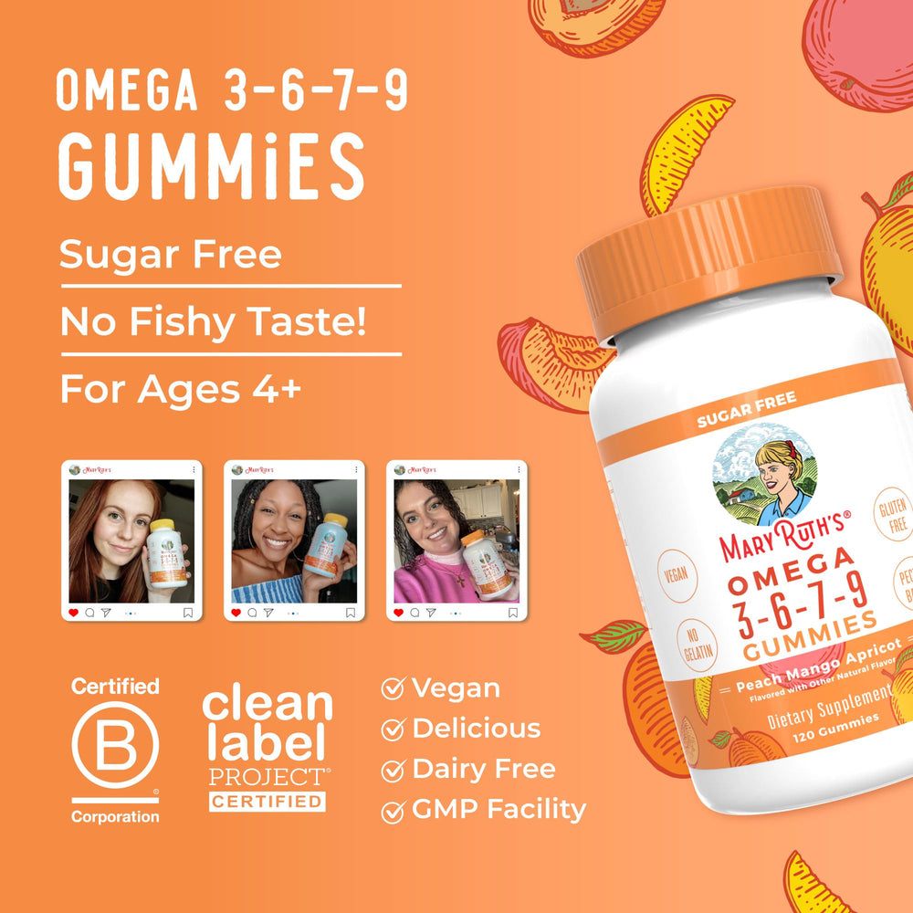 MaryRuth Organics omega gummies packaging on a table.