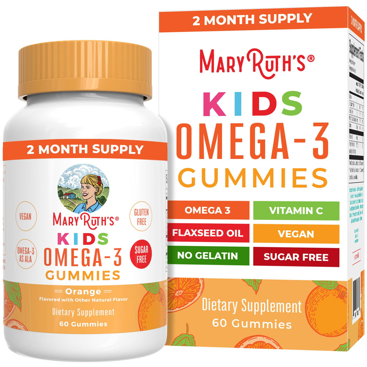 MaryRuth Organics kids omega-3 gummies bottle front, no fish taste.