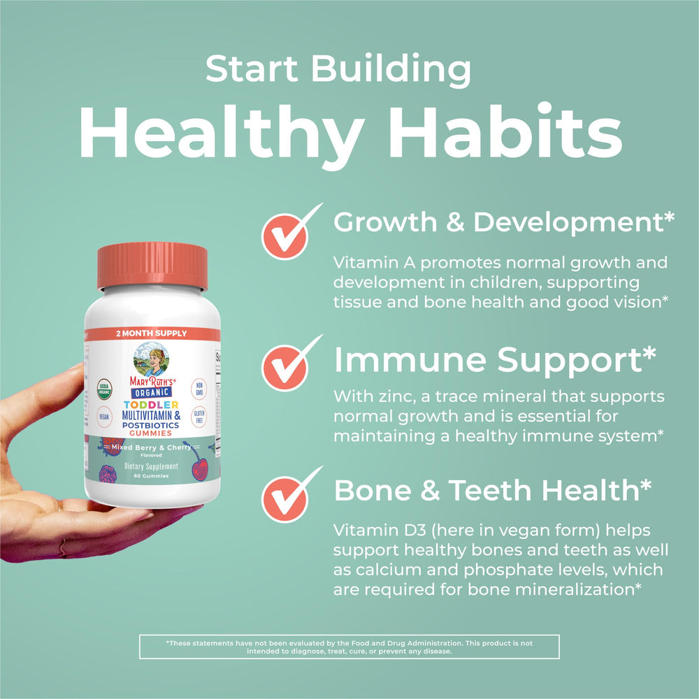 MaryRuth Organics vegan pectin based gummies closeup emphasizes plant based toddler nutrition