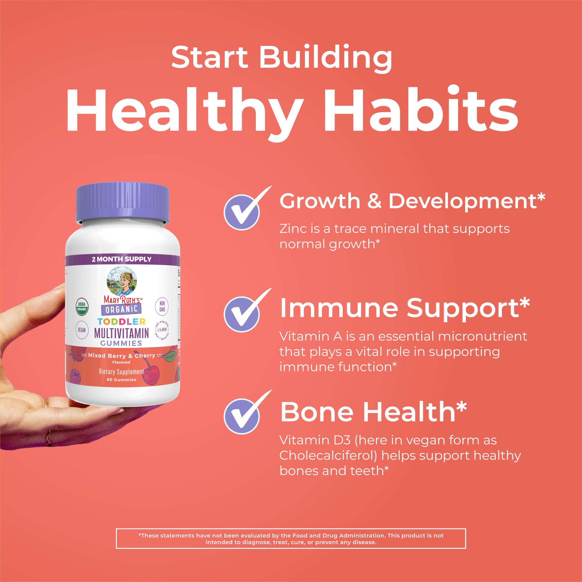 MaryRuth Organics vegan pectin-based toddler gummies in a colorful bottle.