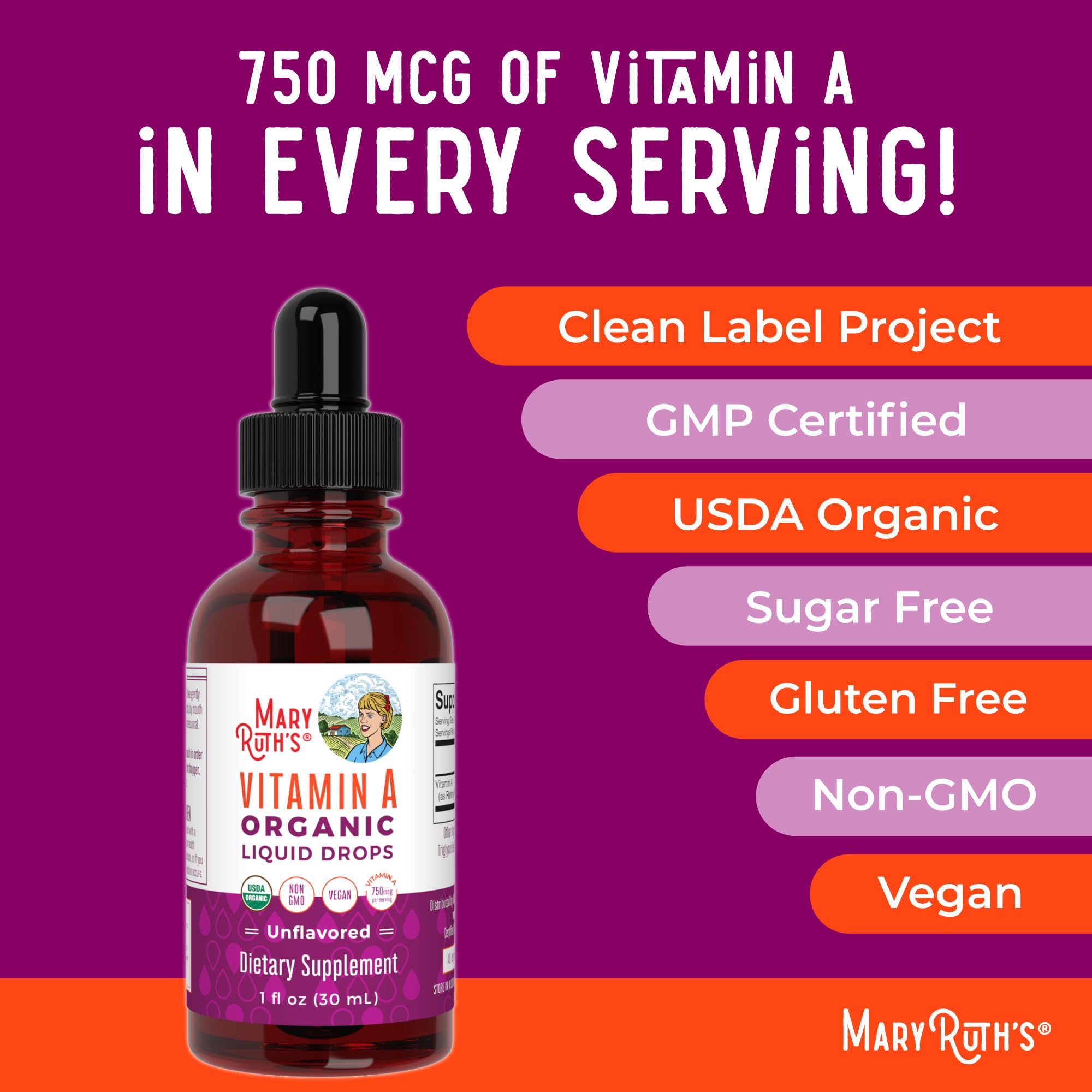 MaryRuth Organics Vitamin A Liquid Drops bottle on kitchen counter