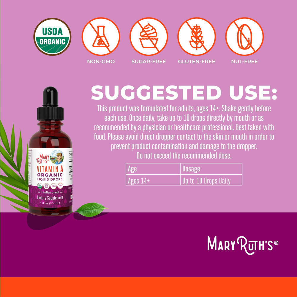 MaryRuth Organics Vitamin A Liquid Drops drops on glass ready for morning juice