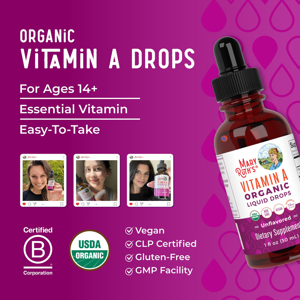 MaryRuth Organics Vitamin A Liquid Drops label with ingredients closeup