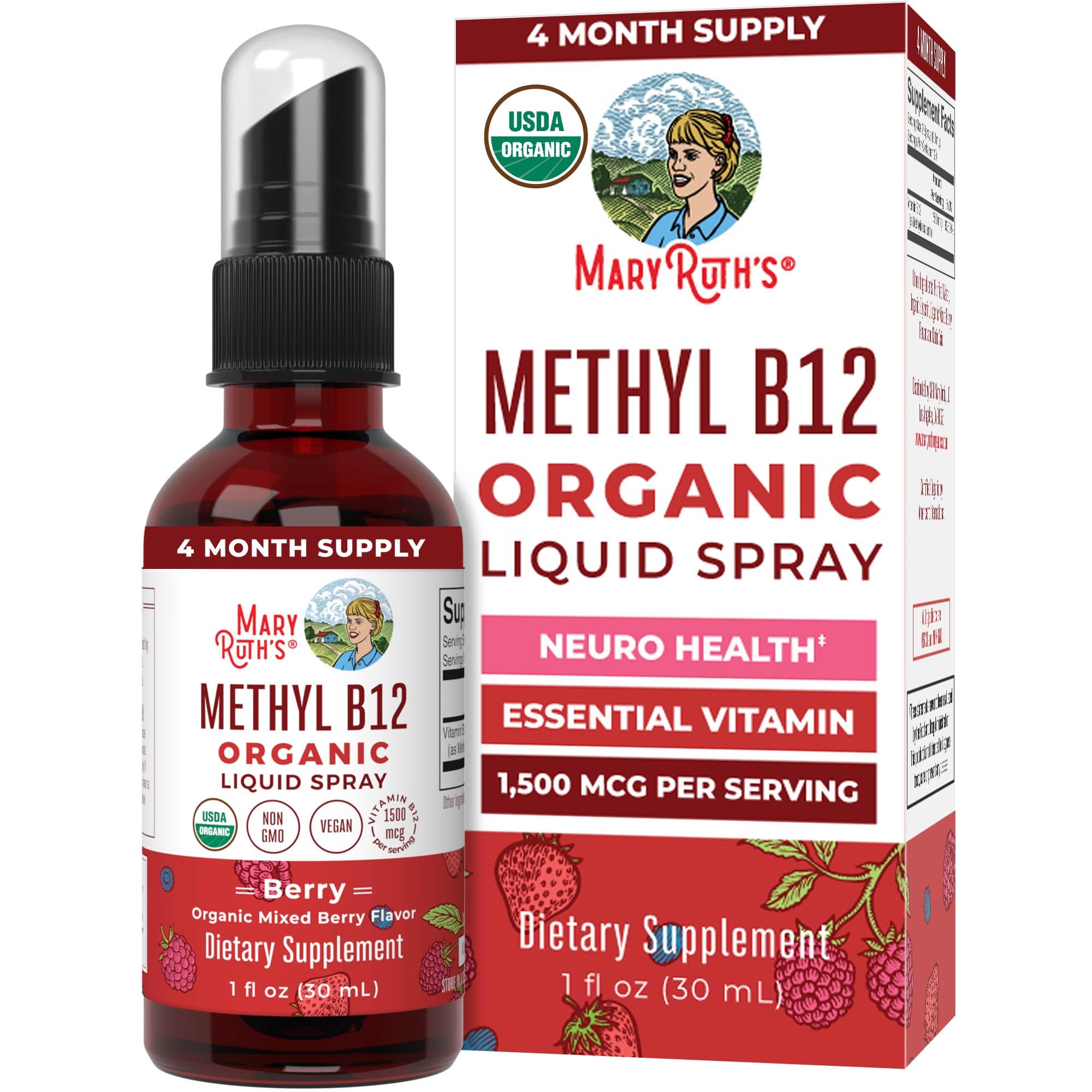 MaryRuth Organics Vitamin B12 spray bottle in berry flavor for convenient energy support.