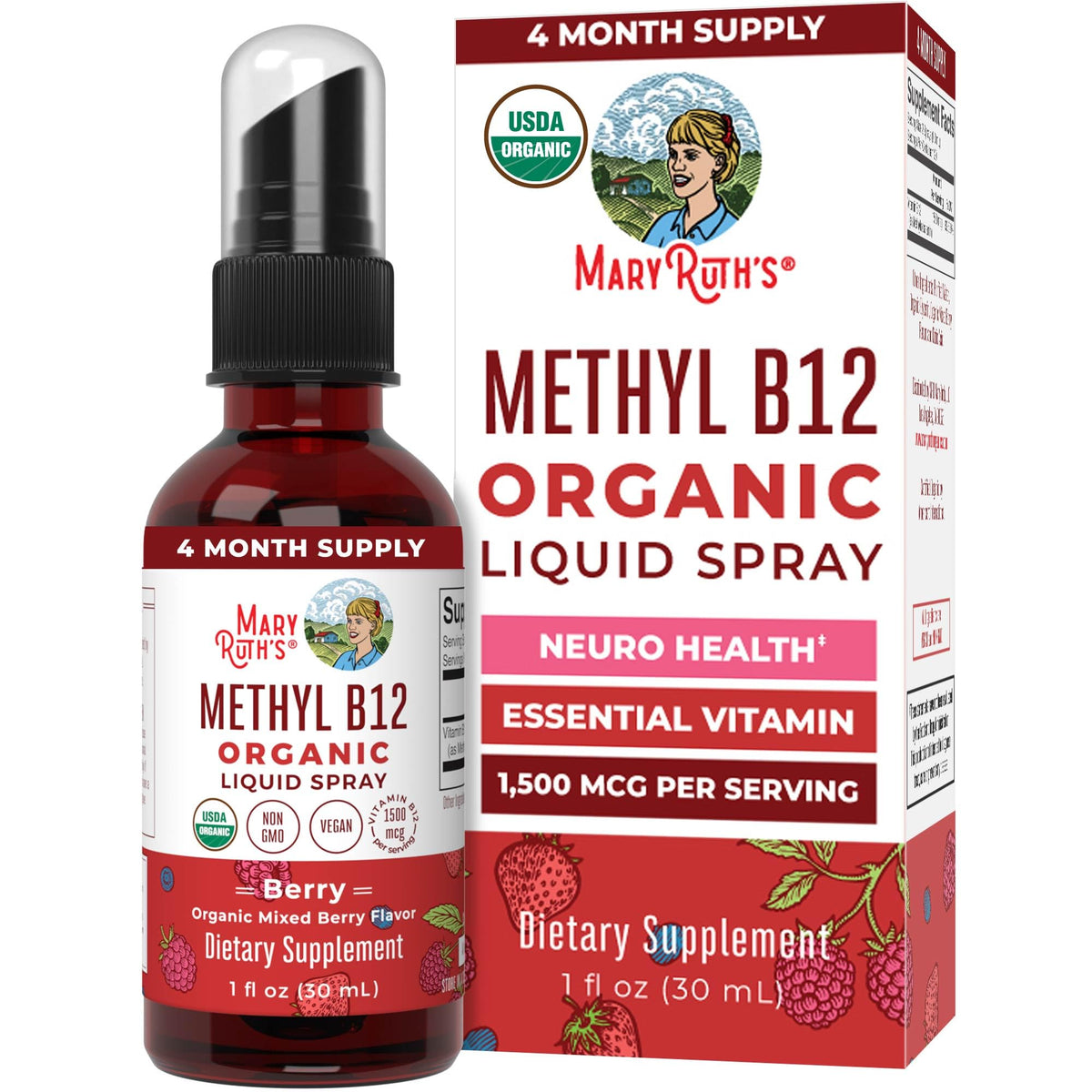 MaryRuth Organics Vitamin B12 spray bottle in berry flavor for convenient energy support.